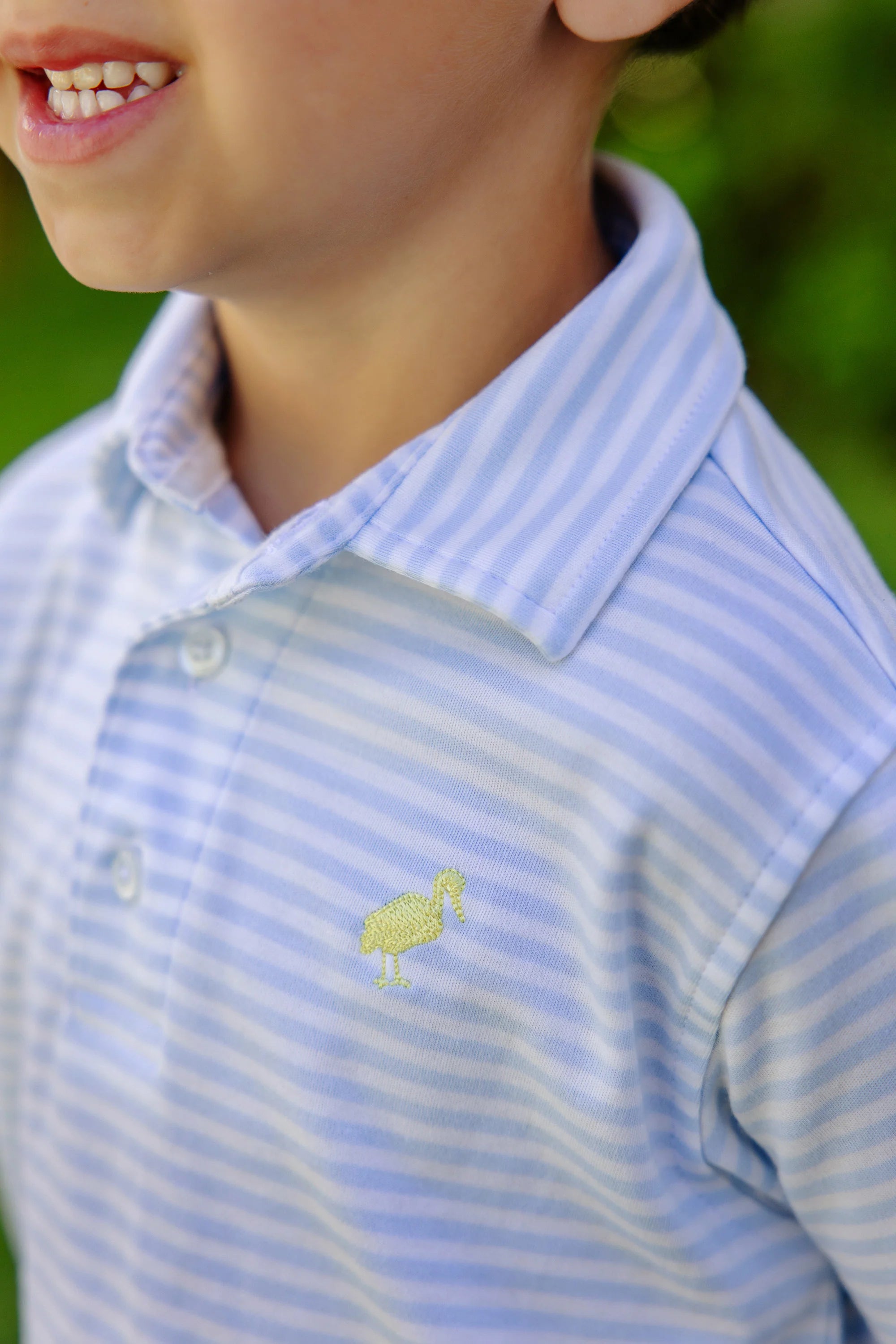 TBBC Pima SS Prim & Proper Polo: Buckhead Blue Stripe with Seaside Sunny Yellow Stork