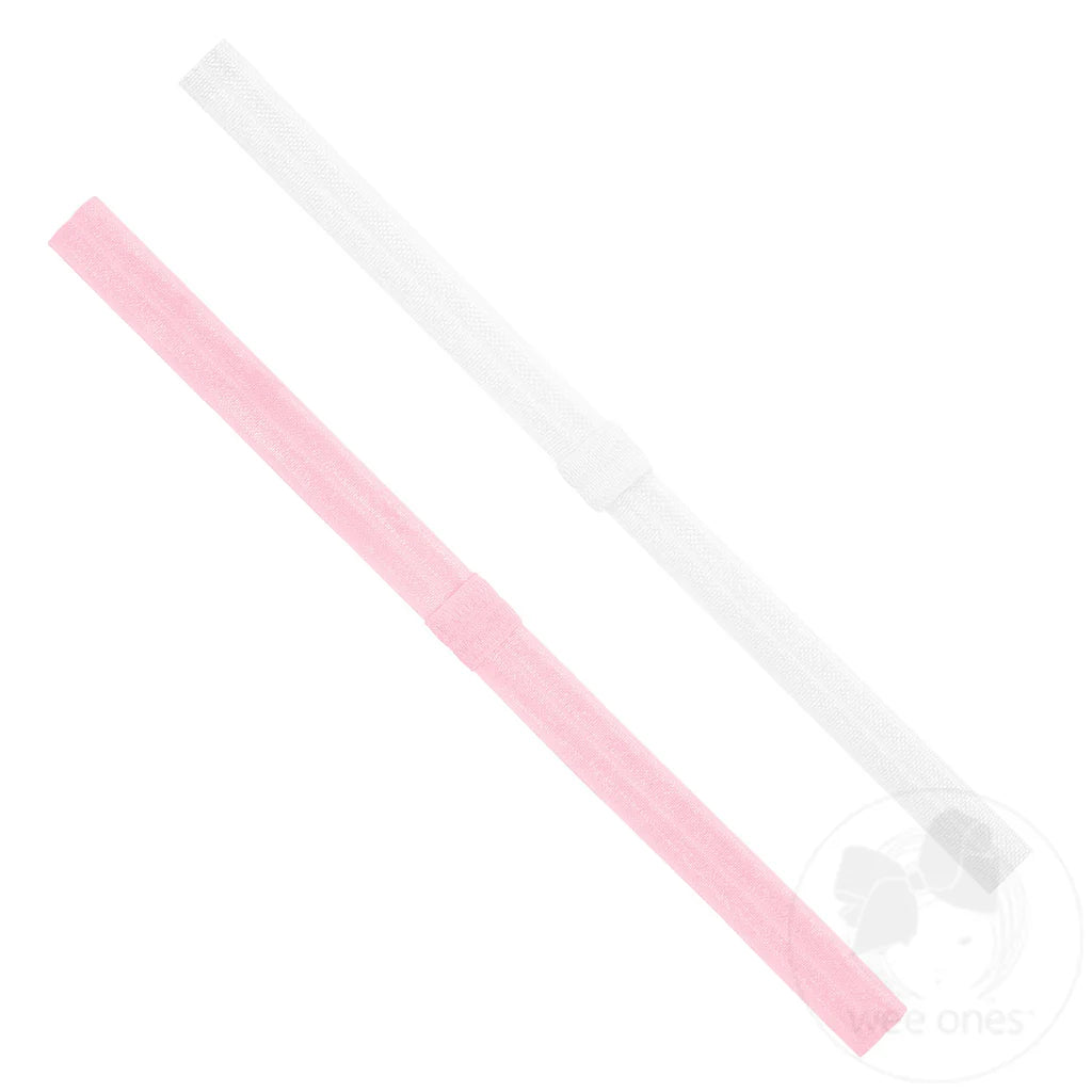 Two Pack Narrow Stretch Add-A-Bow Baby Girl Headbands: White & Pearl Pink