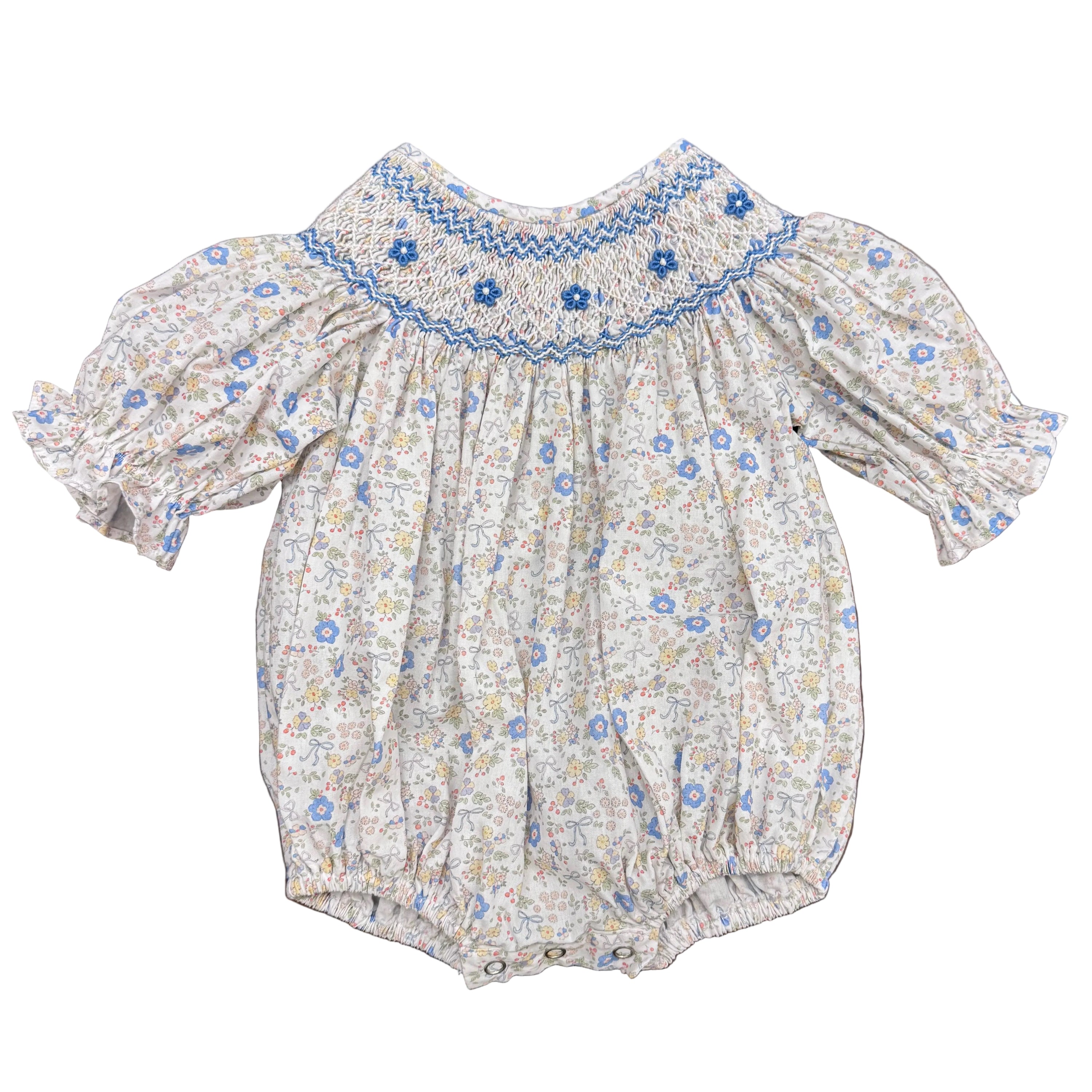Ashley Blue/Yellow Bow Floral Smocked Bubble