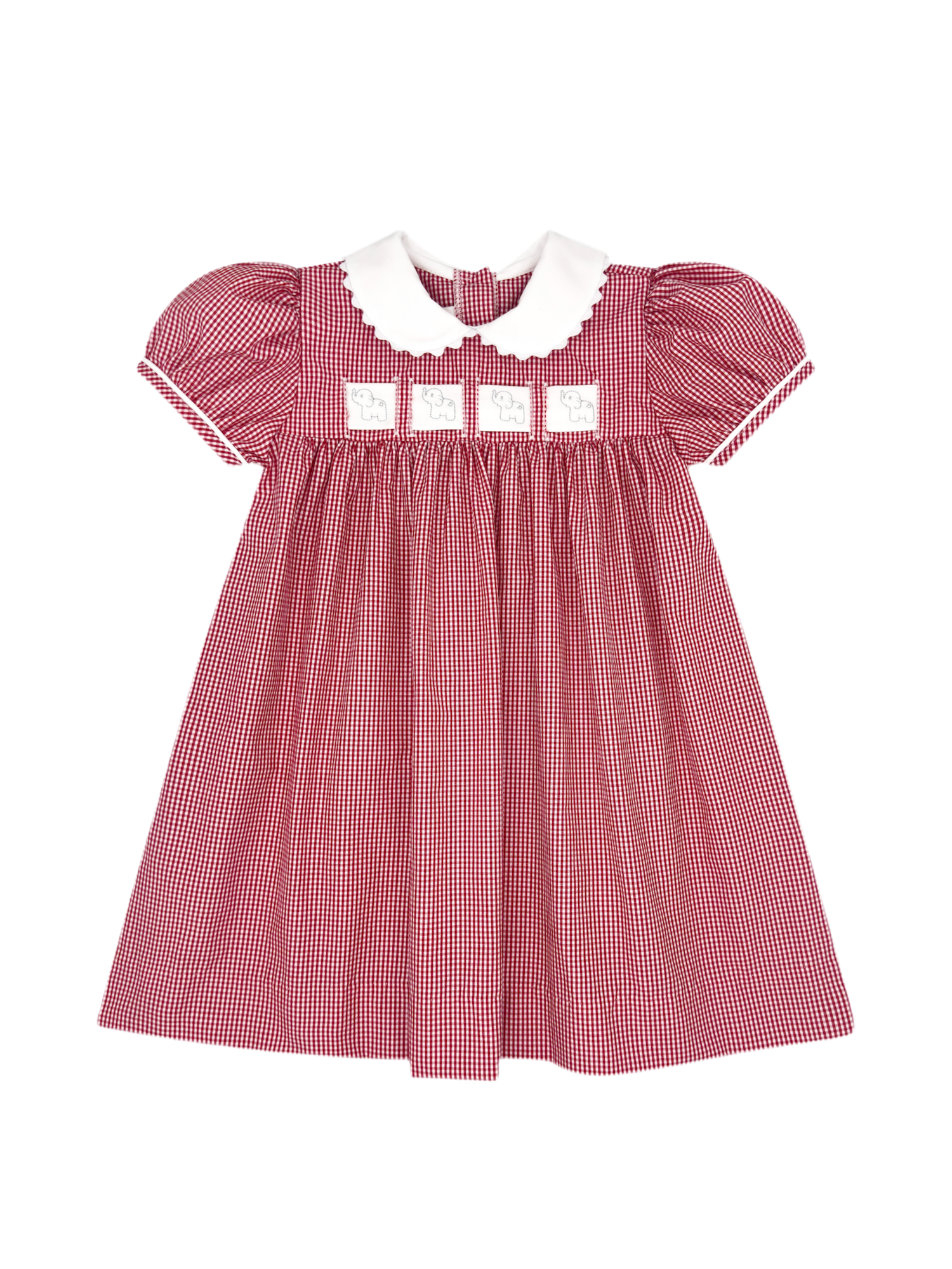 Red Gingham Ruth Ribbon Dress: ABC, Elephant, Christmas Trees, Red/Blue Flowers