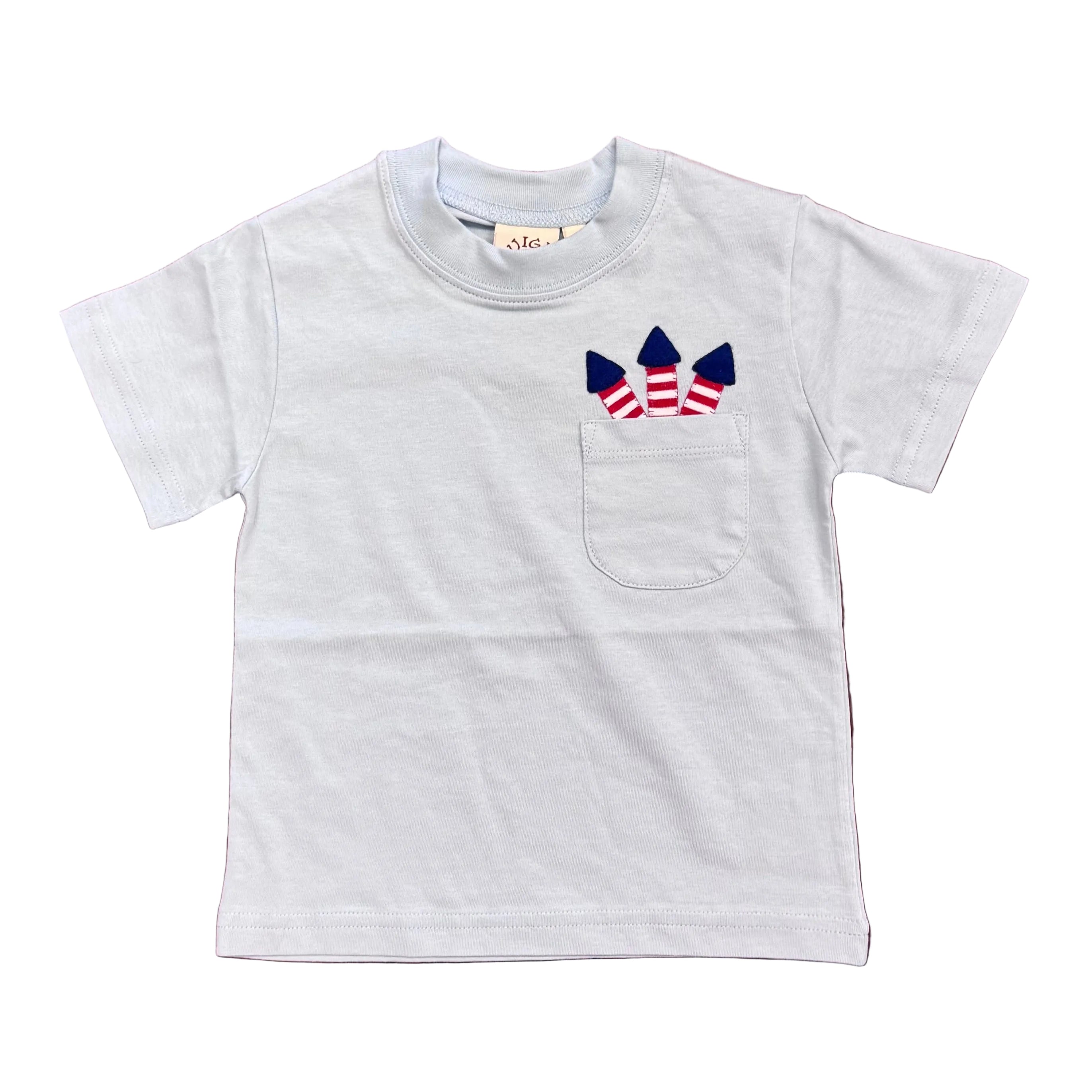 Boys Light Sky Blue SS T-Shirt with Fireworks Pocket Applique