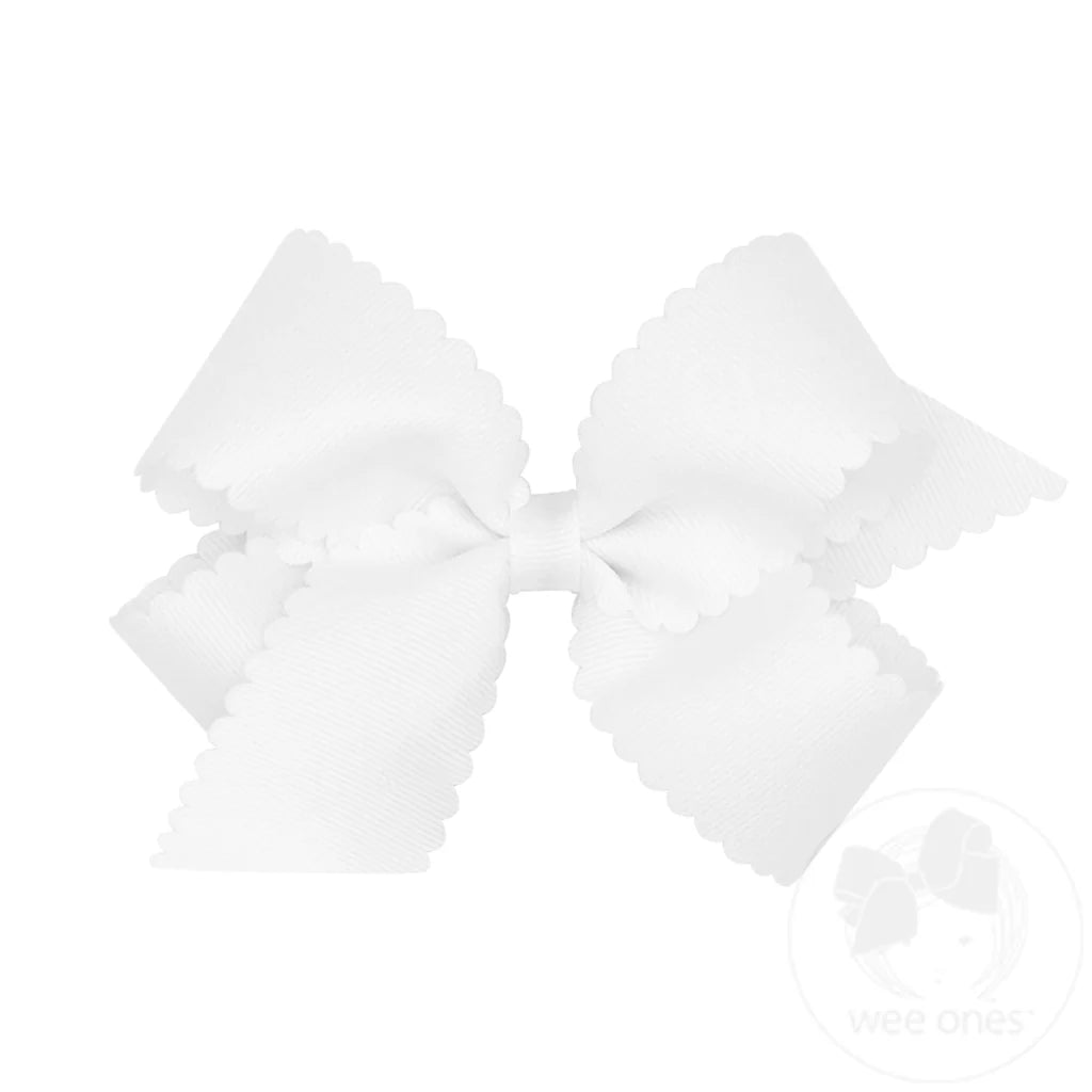 Grosgrain Hair Bow with Scalloped Edge: White