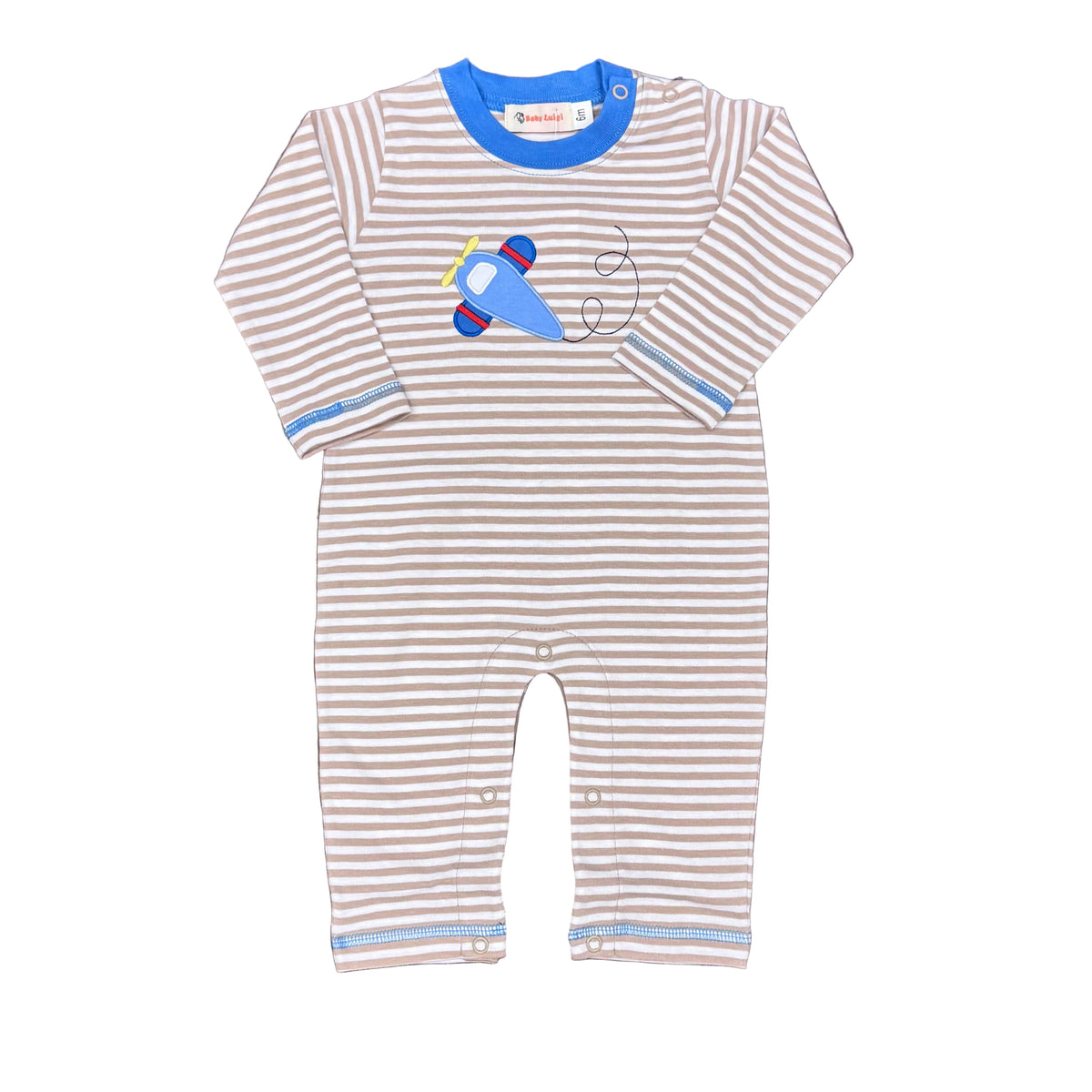 Baby Boy Sand/White Stripe with Medium Blue Trim & Airplane Applique