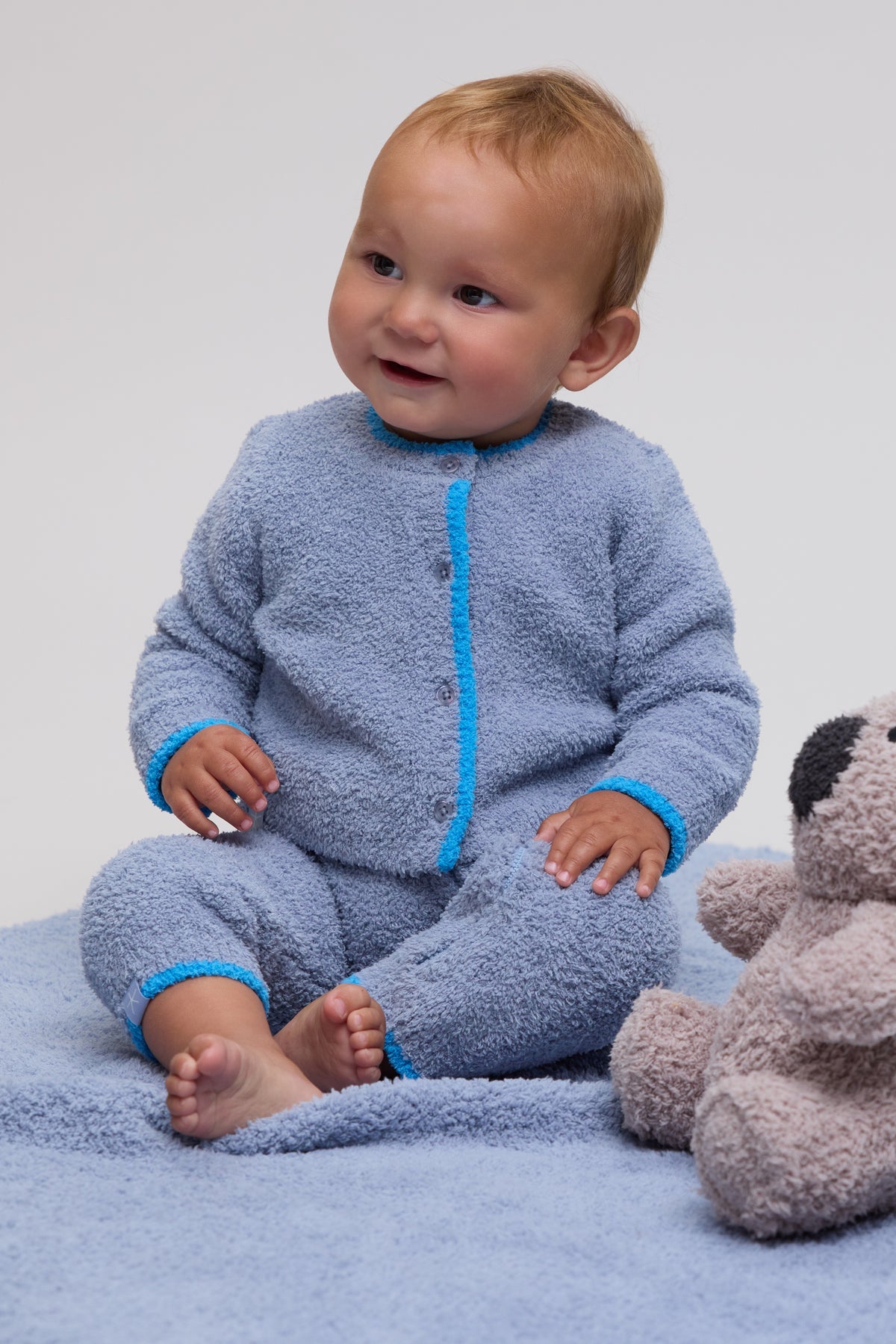 Barefoot Dreams CozyChic® Baby Tipped Cardi: Chambray / Cyan