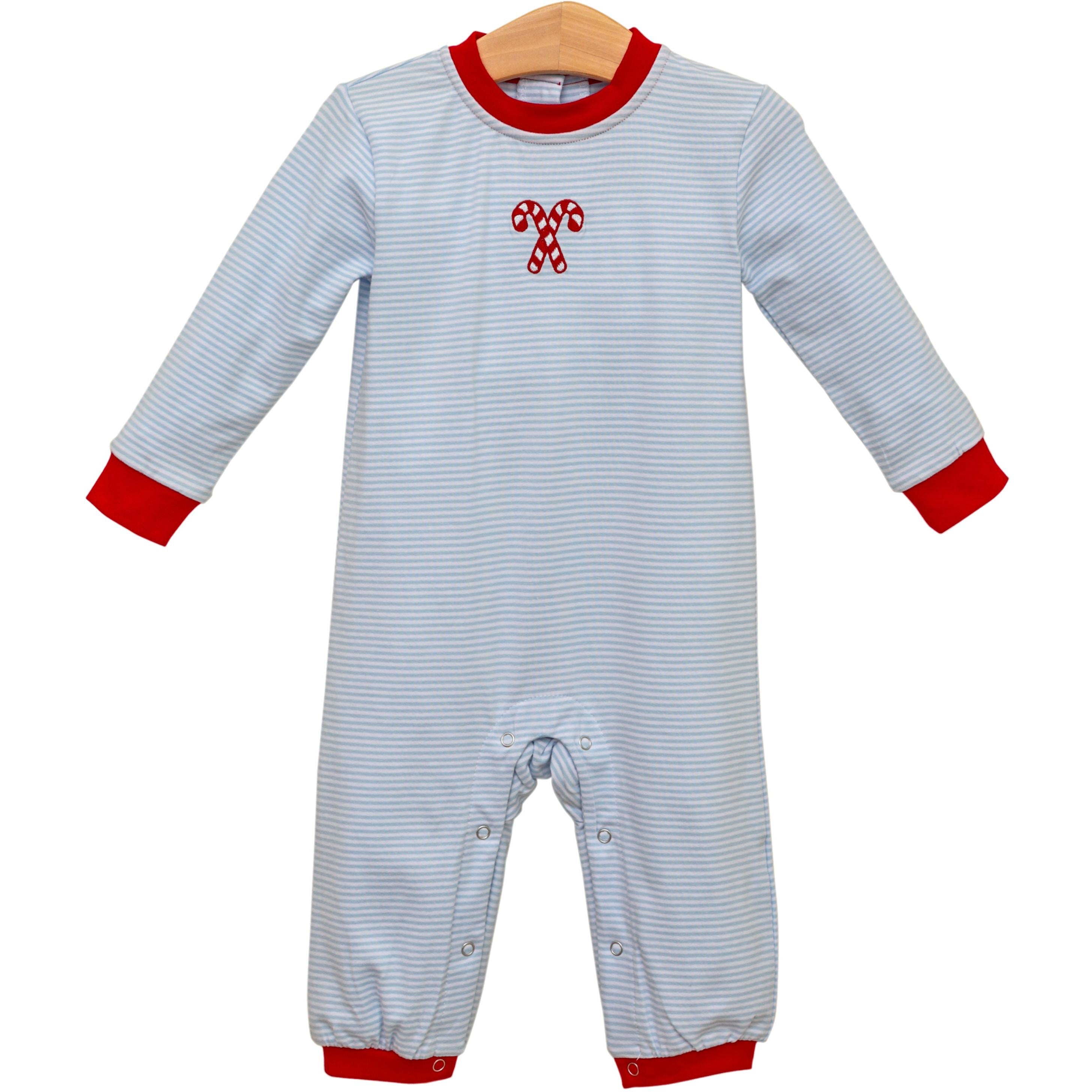 Light Blue Candy Cane Embroidered Romper