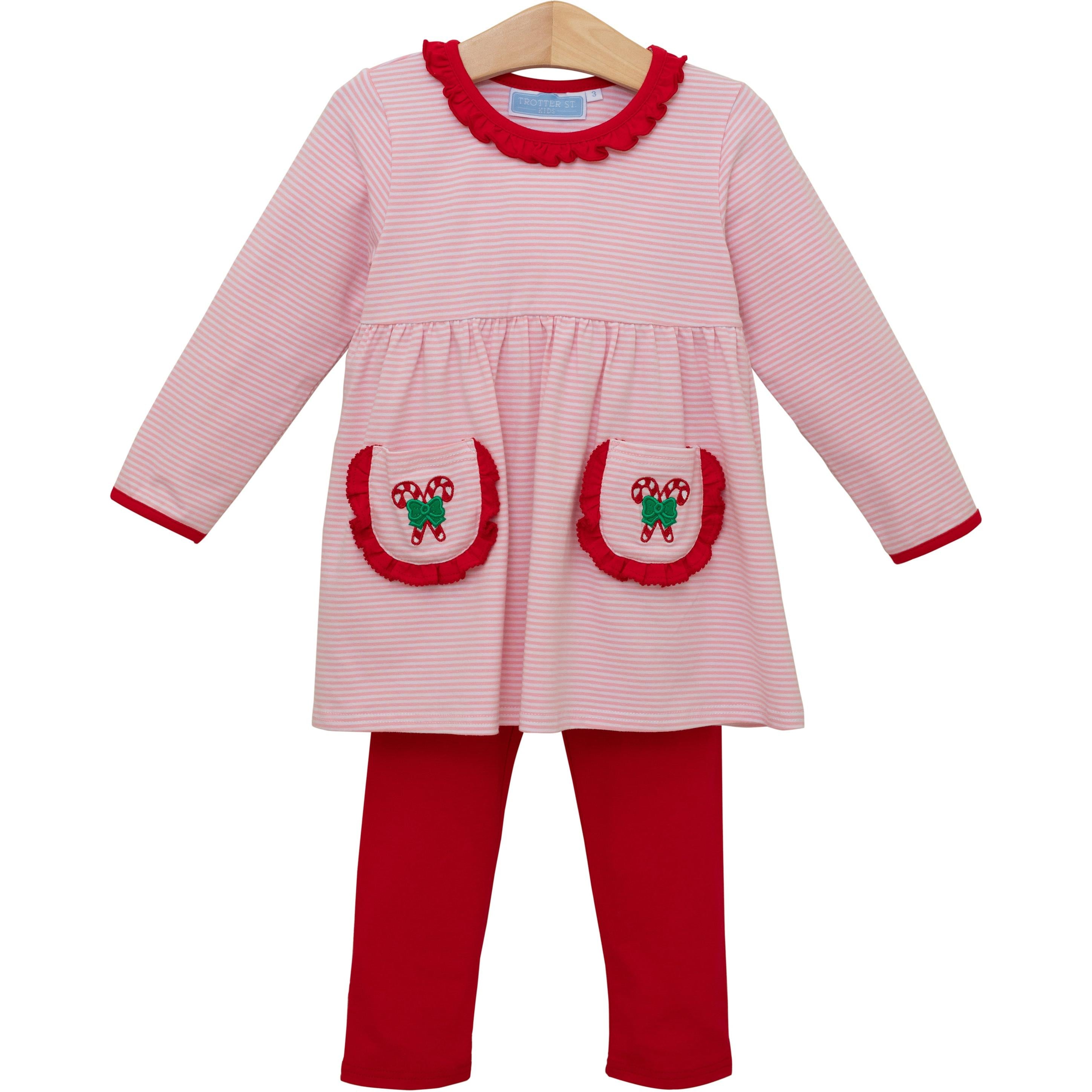 Light Pink Candy Cane Embroidered Tunic & Legging Set
