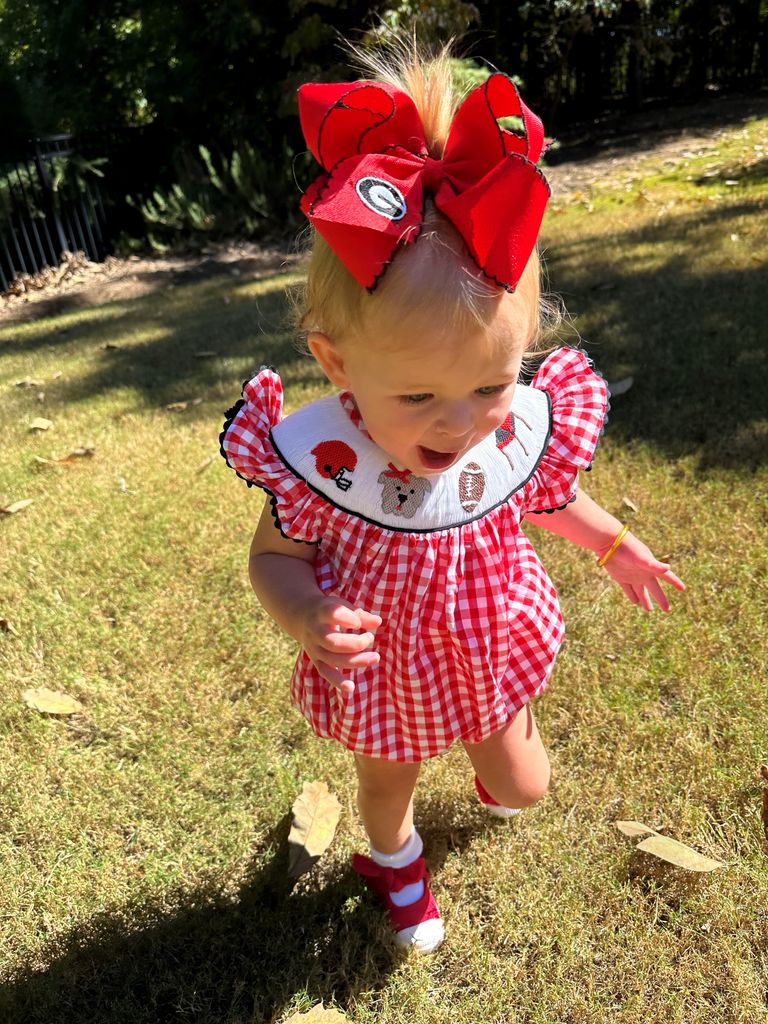 King Grosgrain Hair Bow with Moonstitch Edge and Embroidered University of Georgia Logo