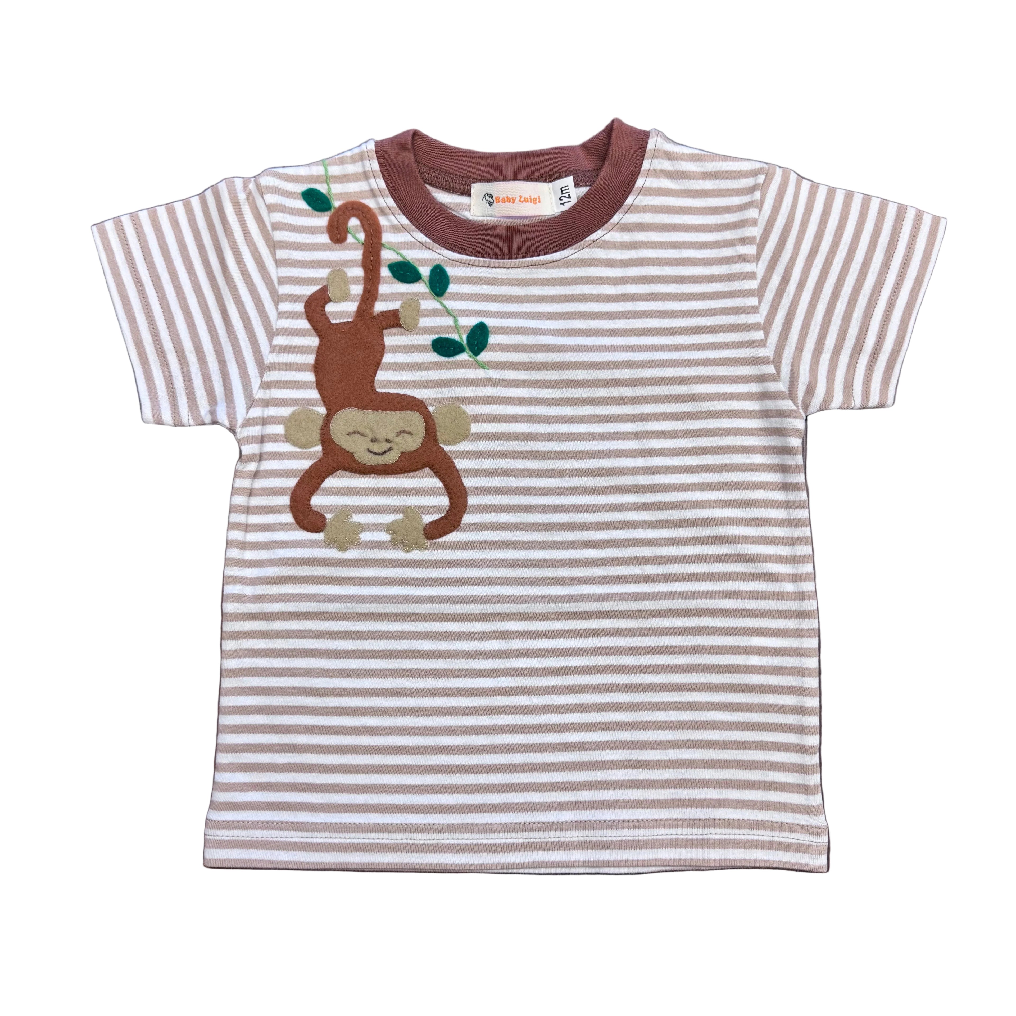 Boys Sand Stripe SS T-Shirt with Hanging Monkey Applique