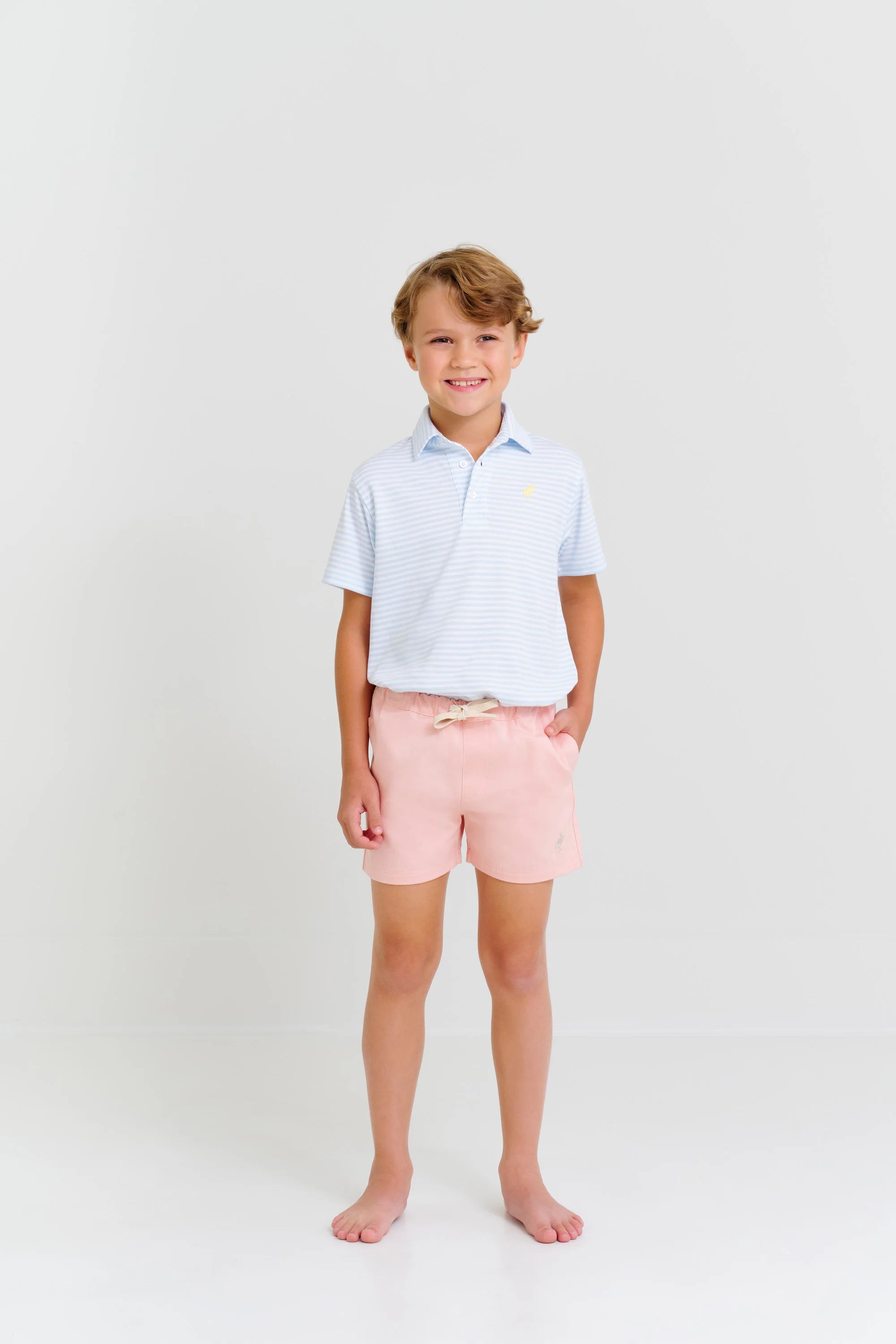 TBBC Pima SS Prim & Proper Polo: Buckhead Blue Stripe with Seaside Sunny Yellow Stork