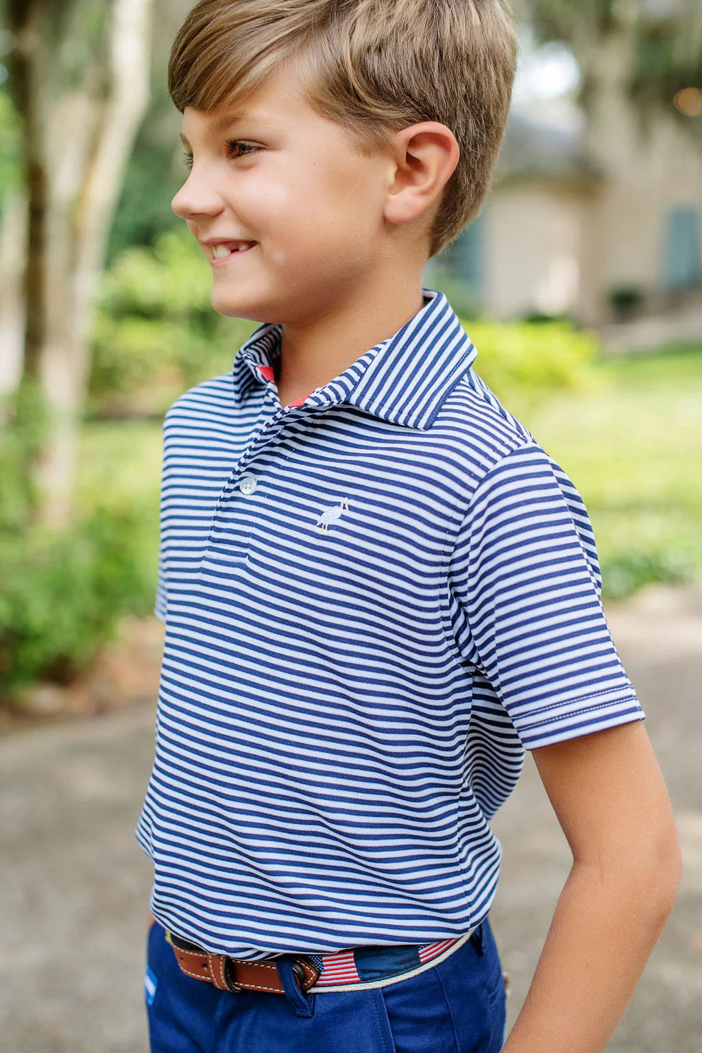 TBBC SS Prim & Proper Polo: Nantucket Navy Stripe with Multicolor Stork