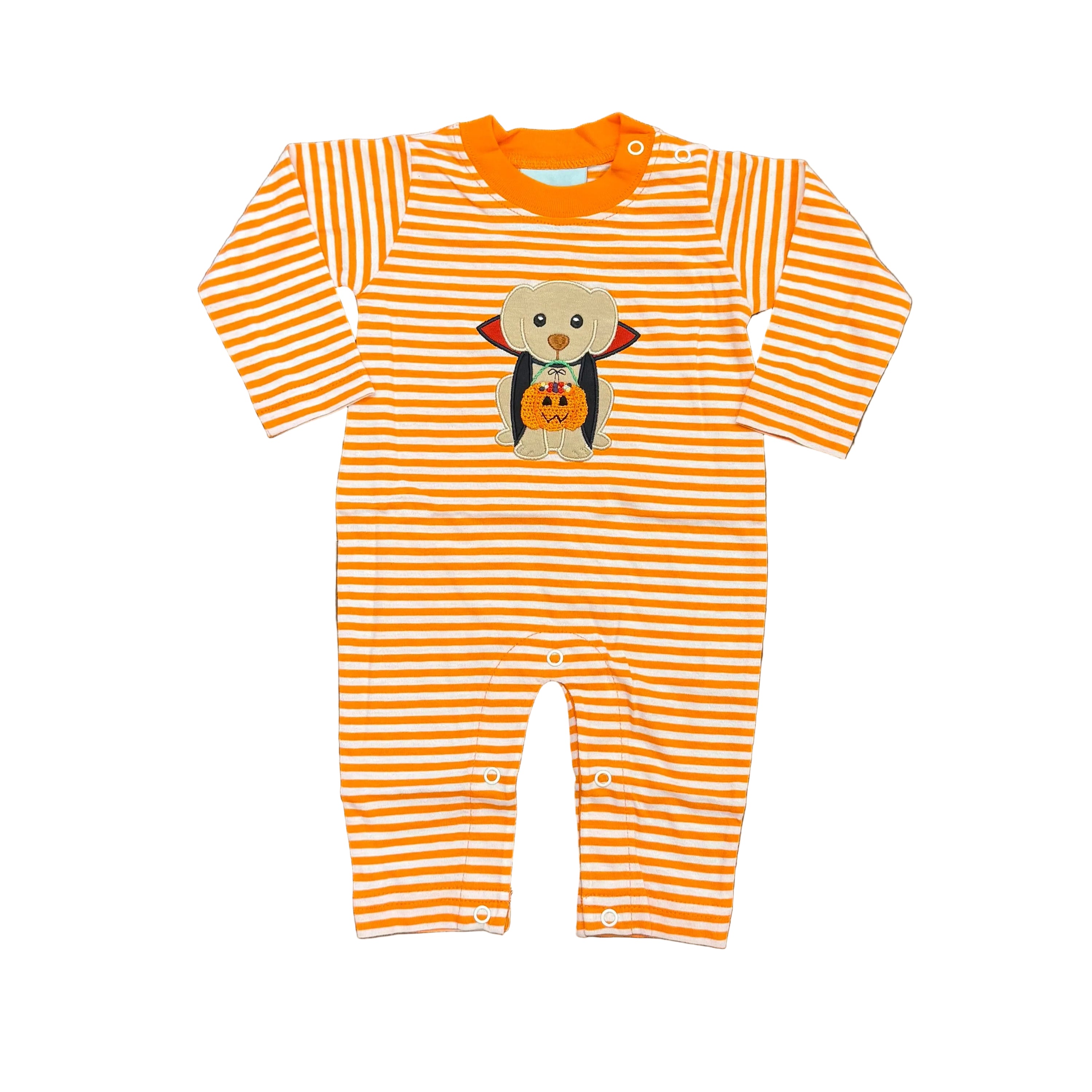 Orange/White Stripe LS Romper: Dracula Pup Applique