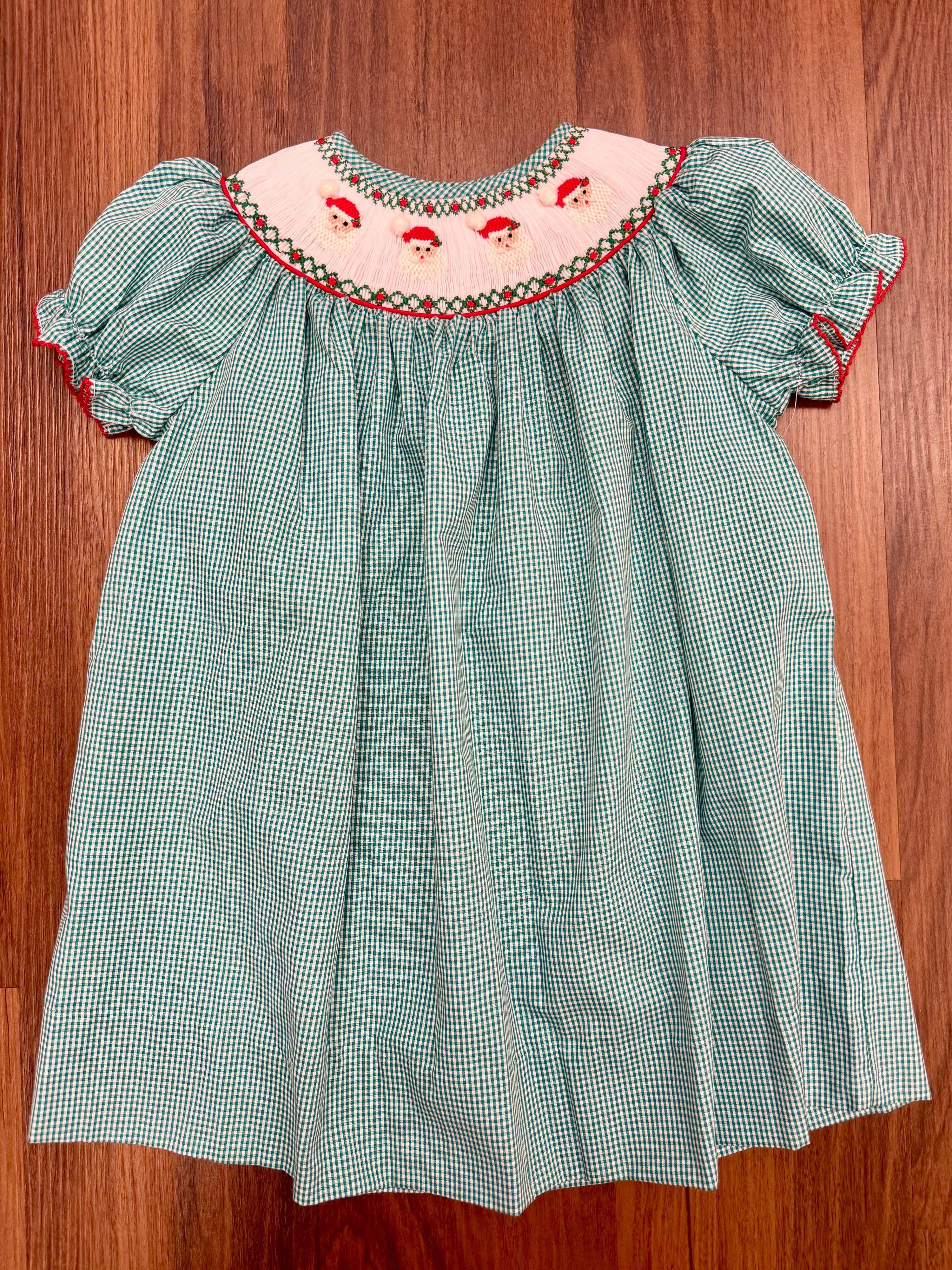 Green Gingham Santa Smocked Bishop Dress