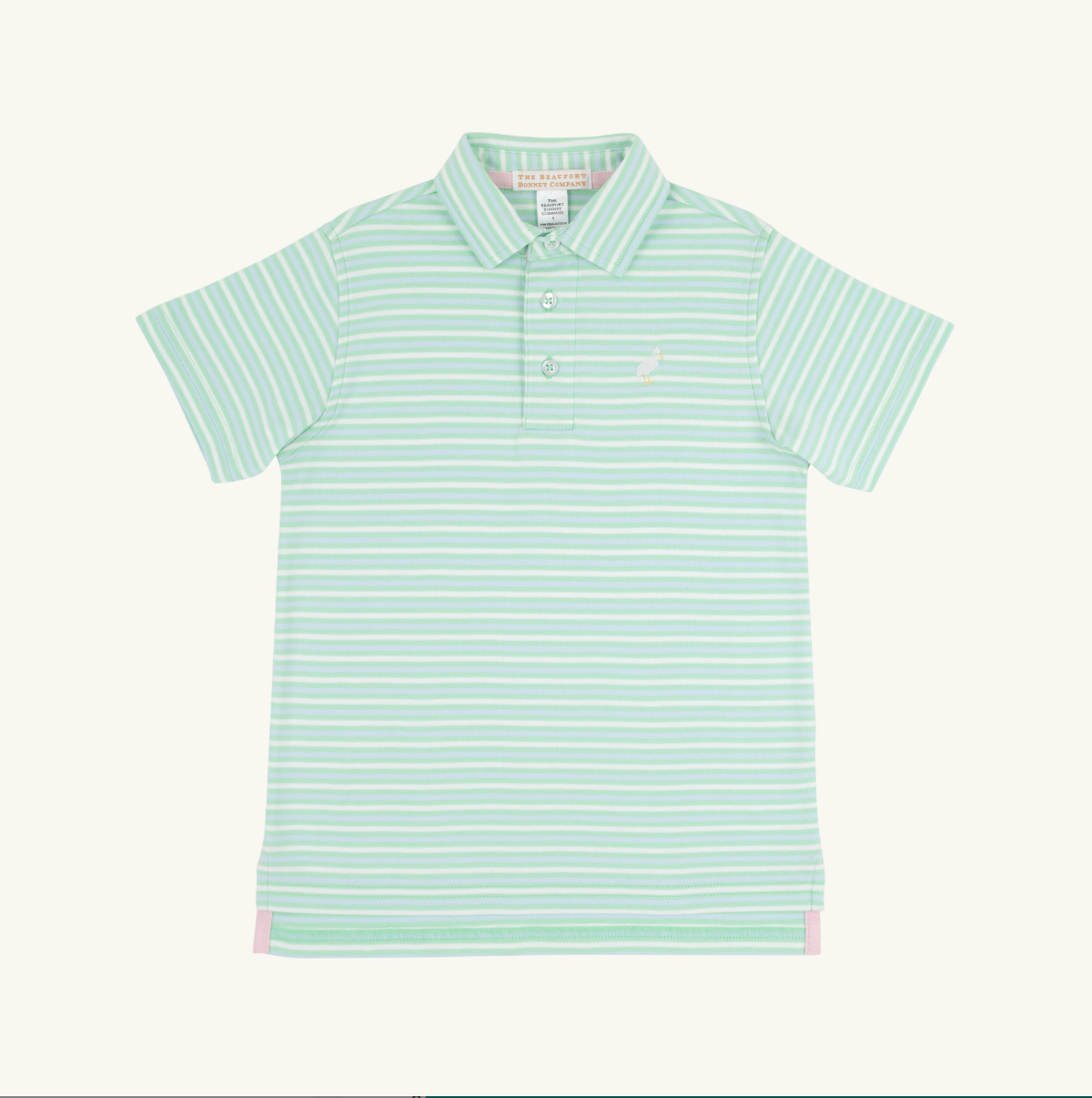 TBBC SS Prim & Proper Polo: Sumner County Stripe (Grace Bay Green) with Multicolor Stork