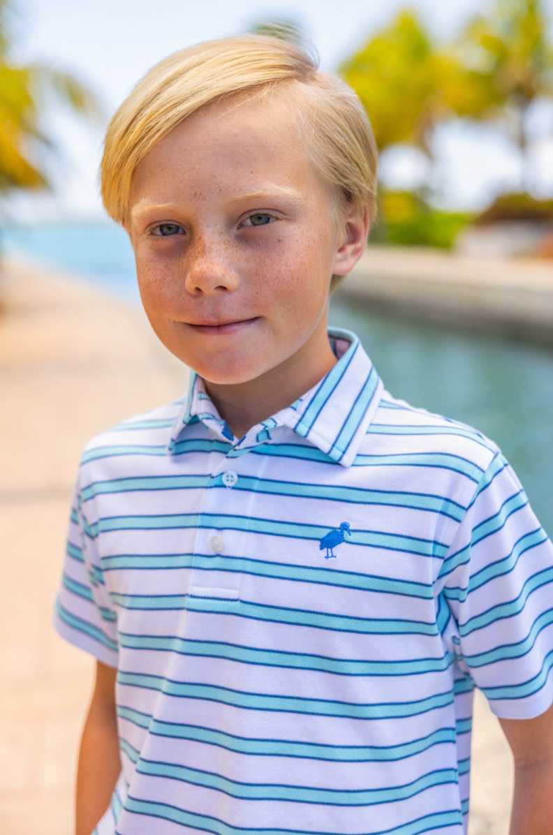 TBBC SS Prim & Proper Polo: Worth Ave White Belhaven Blue and Wood Boat Blue Stripe/Wood Boat Blue