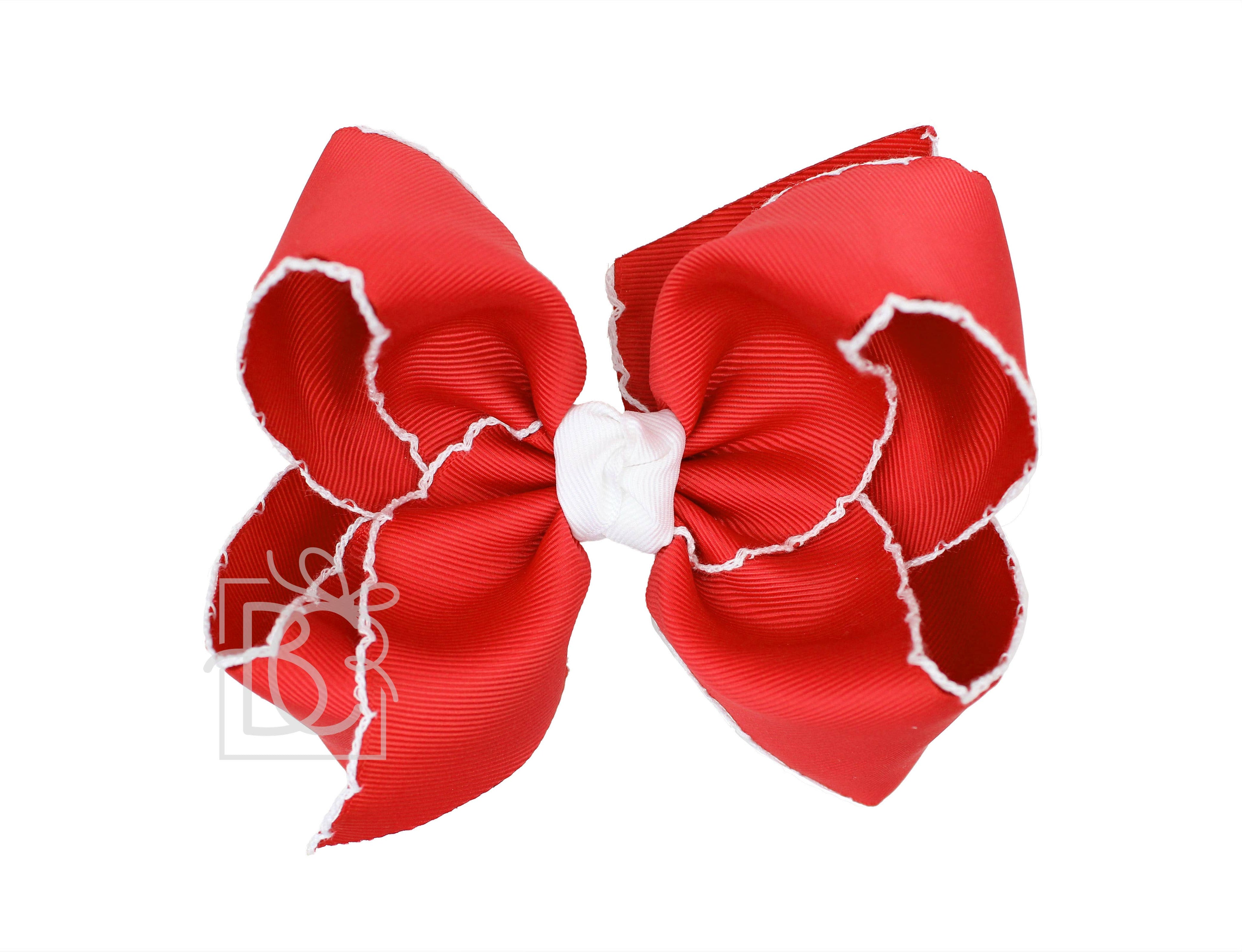 5.5" Crochet Edge Grosgrain Hairbow on Clip: Red with White