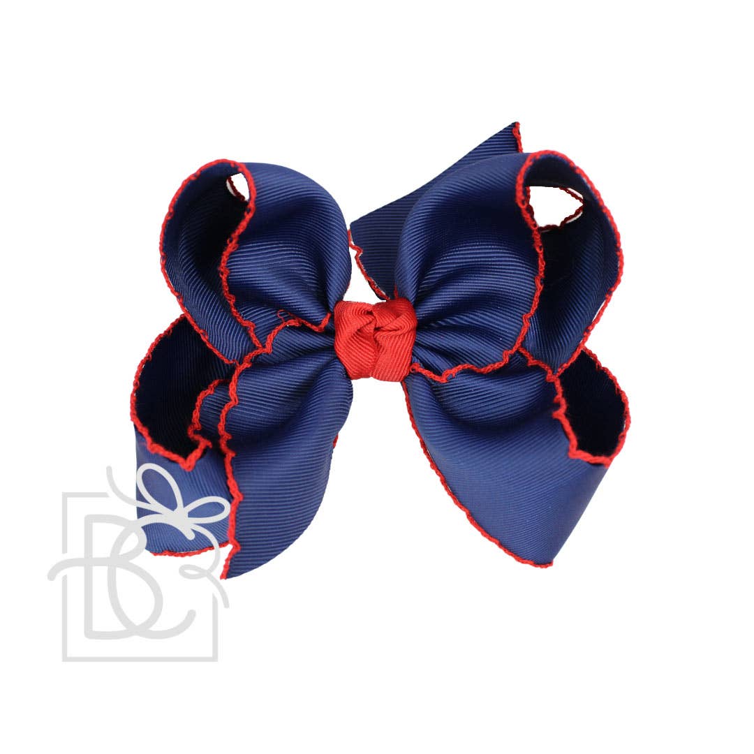 5.5" Crochet Edge Grosgrain Hairbow on Clip: Navy with Red