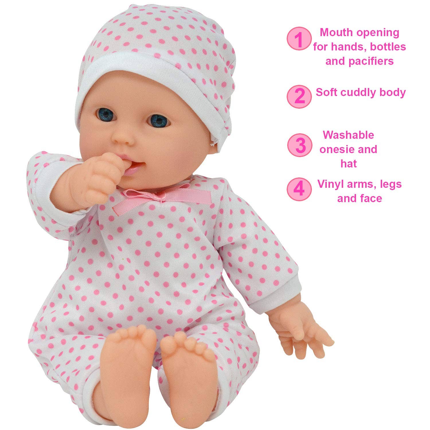 The New York Doll Collection 11" Doll: Light Pink Polka Dots W/ Pacifier