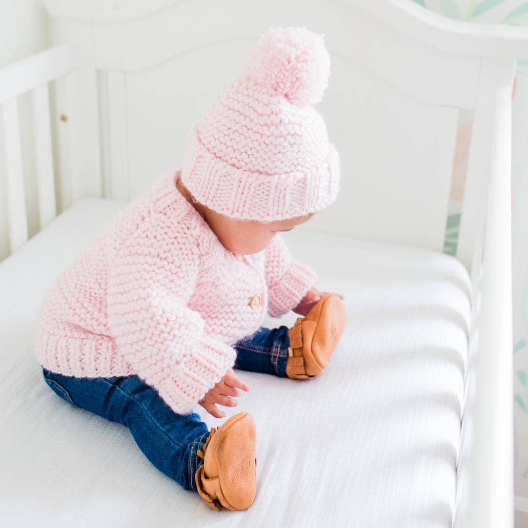 Garter Stitch Beanie Hat: Blush Pink