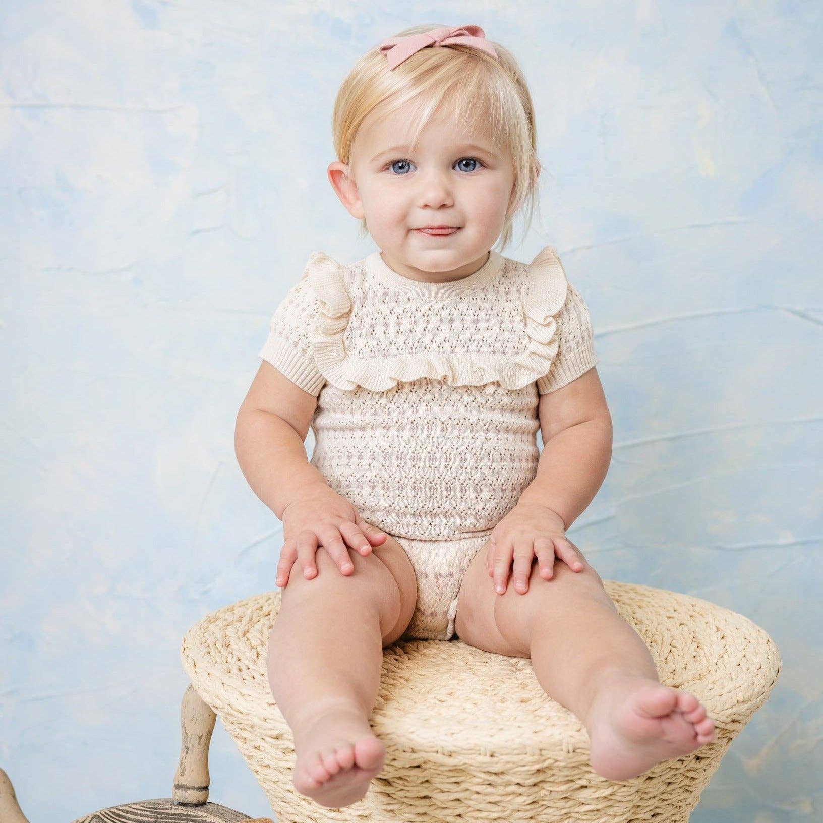 Baby Girls Pointelle Jacquard Knit Romper: Ecru