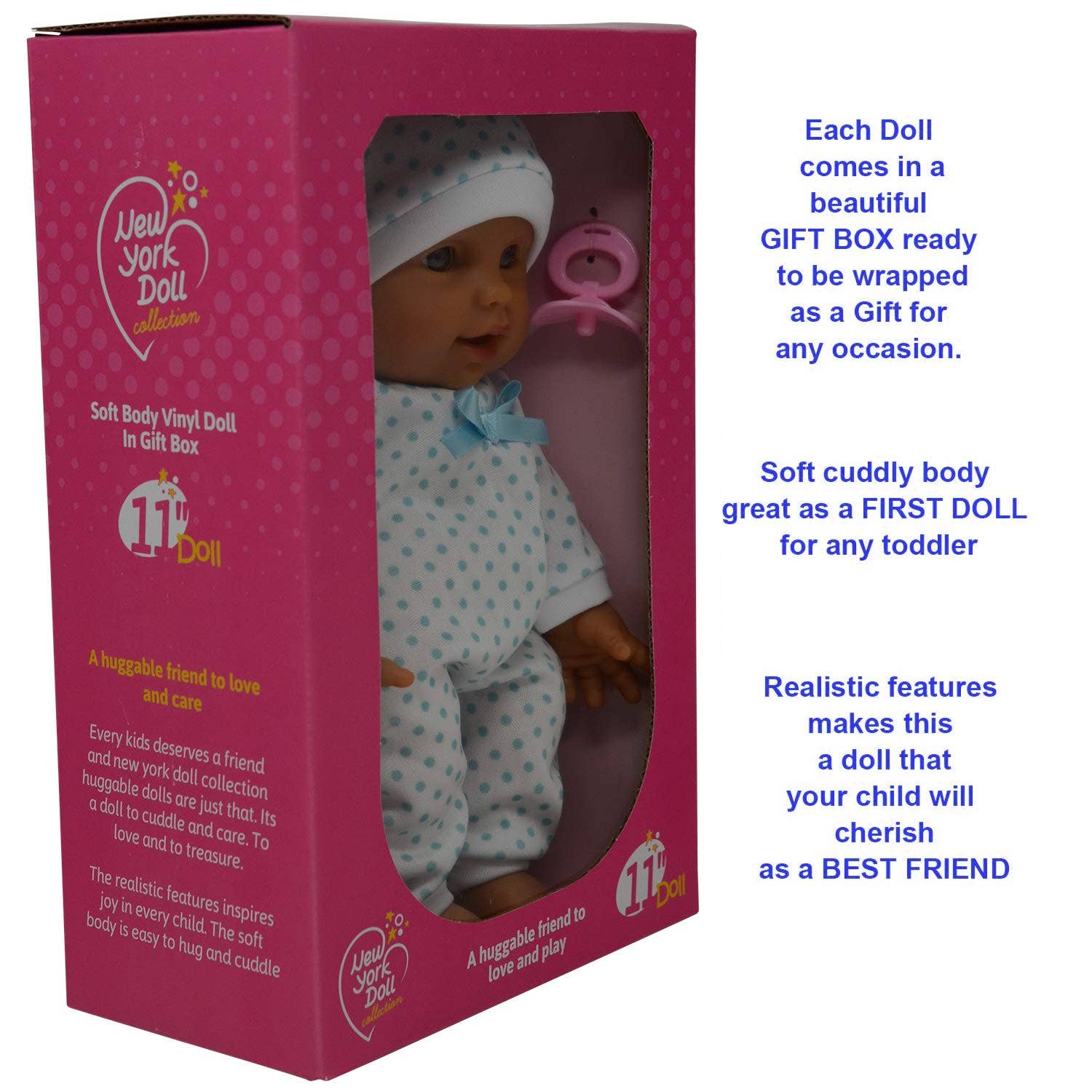 The New York Doll Collection 11" Doll: Light Pink Polka Dots W/ Pacifier