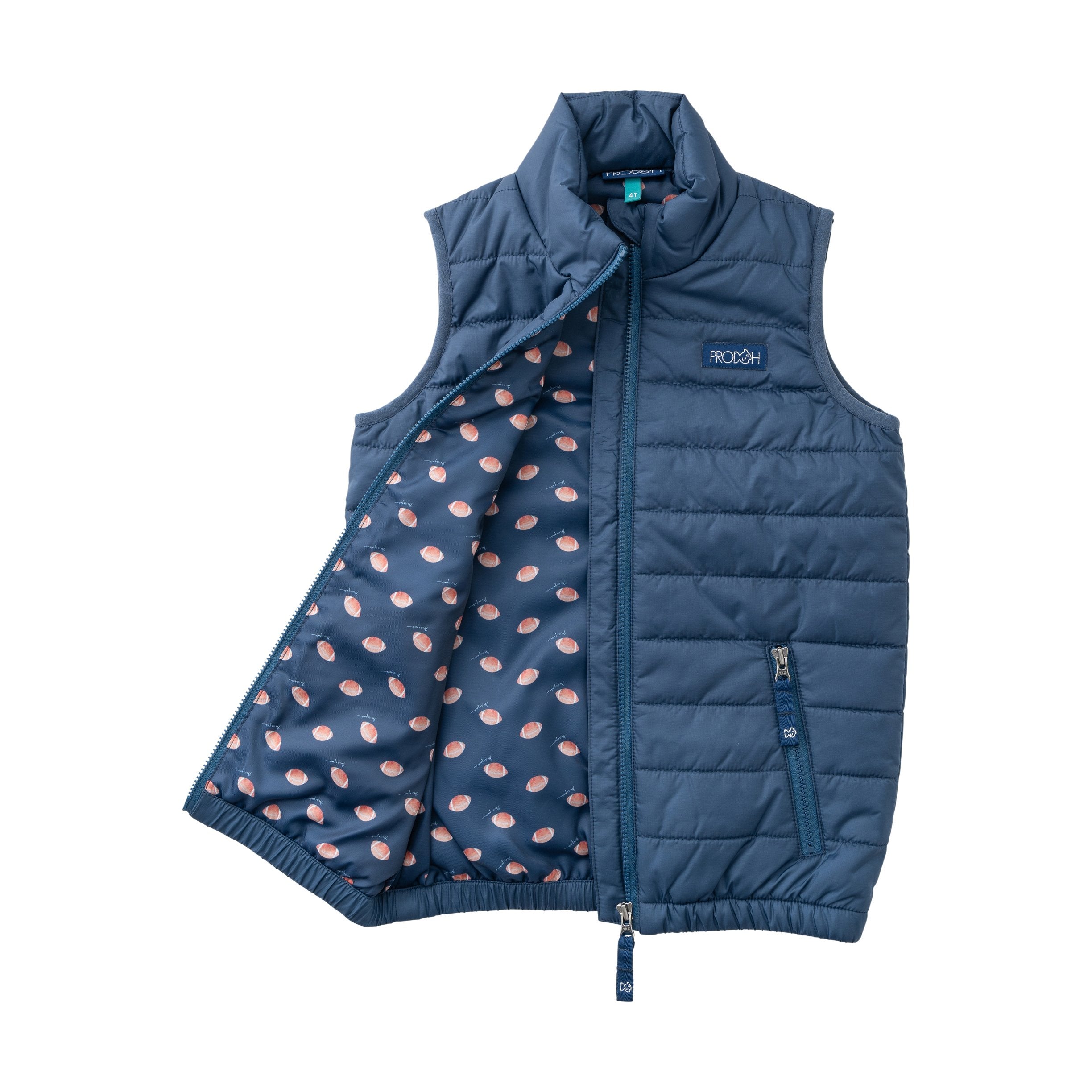 Puffer Vest: Dark Denim with Footballs