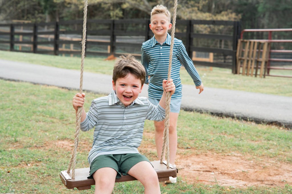 Boys LS Performance Polo: Arona Camping Green Stripe