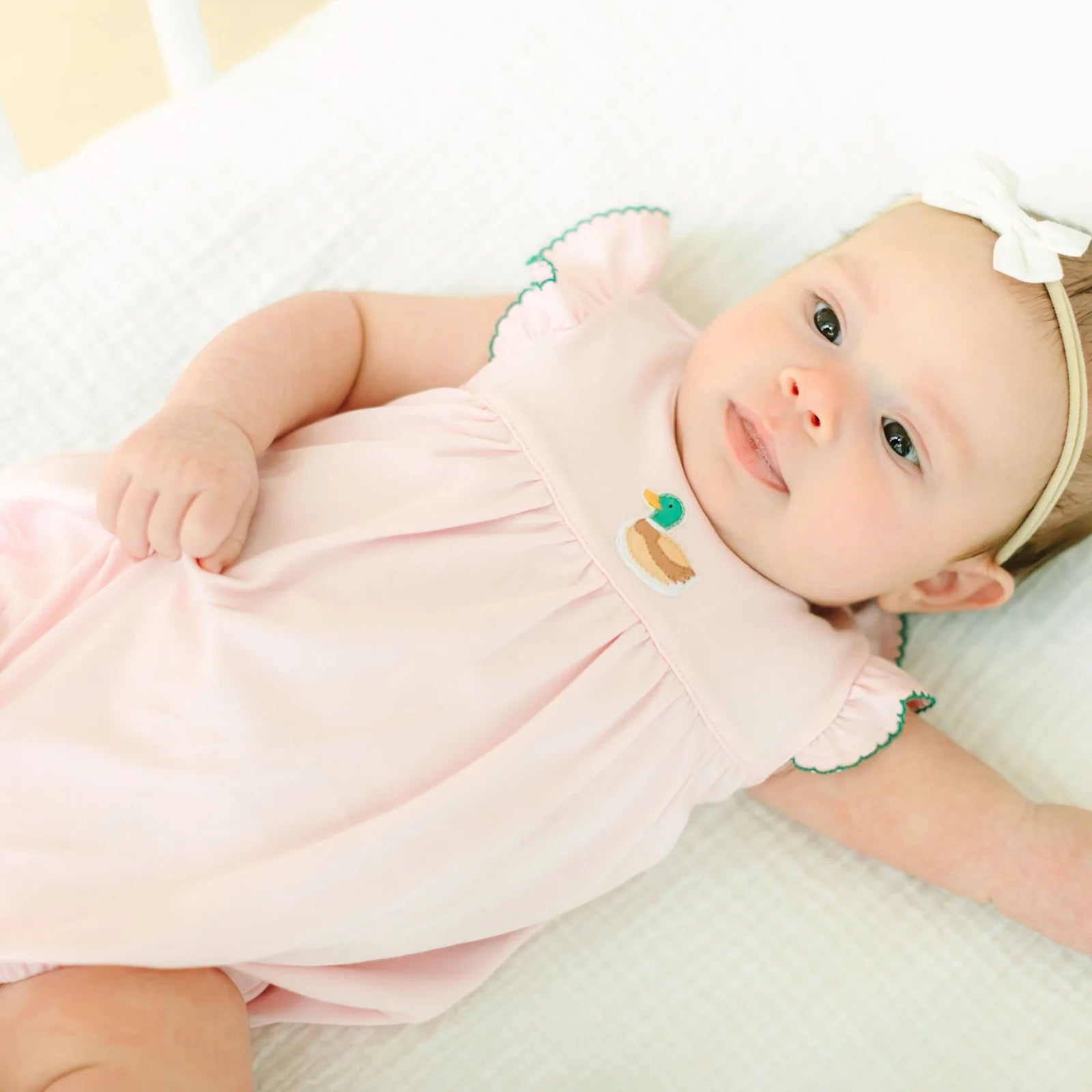 Mini Mallard Embroidered Flutter Sleeve Bubble: Pink