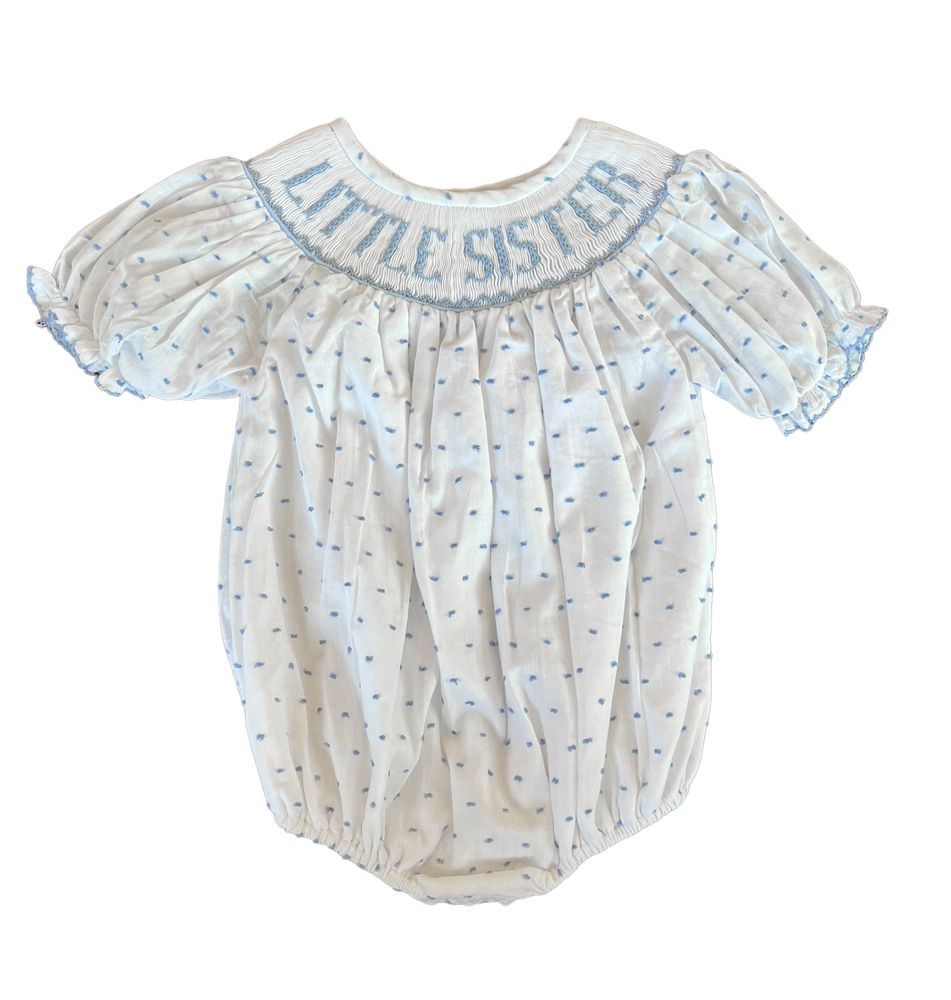 Little Sister Swiss Dot Smocked Bubble: Light Blue