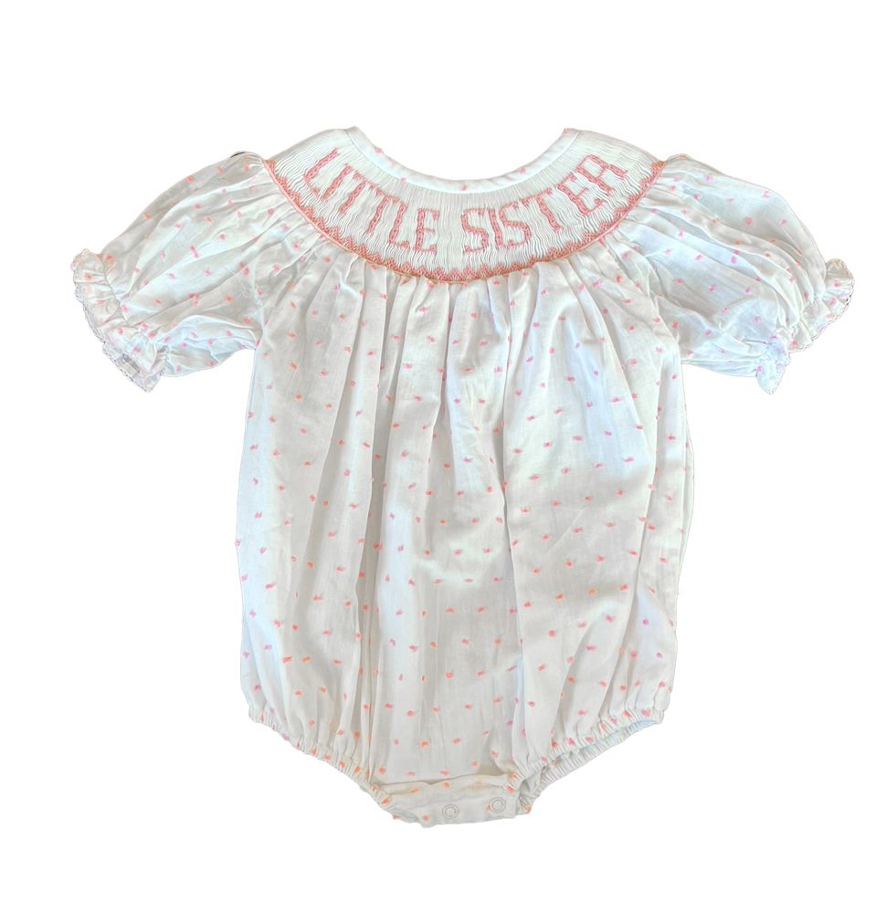 Little Sister Swiss Dot Smocked Bubble: Light Pink