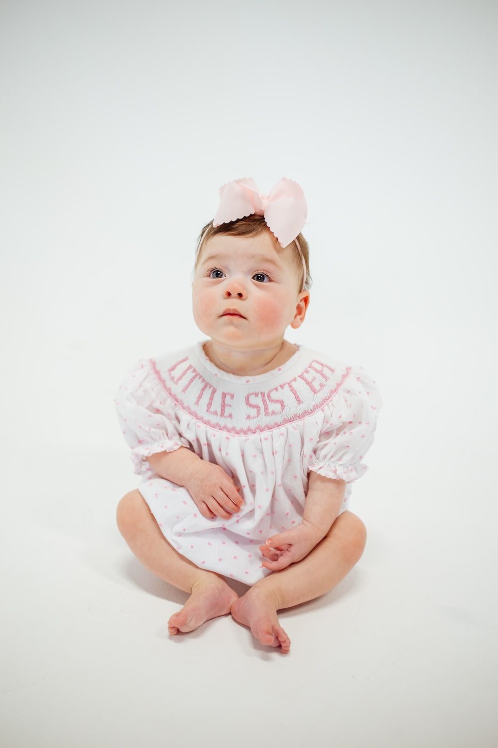 Little Sister Swiss Dot Smocked Bubble: Light Pink