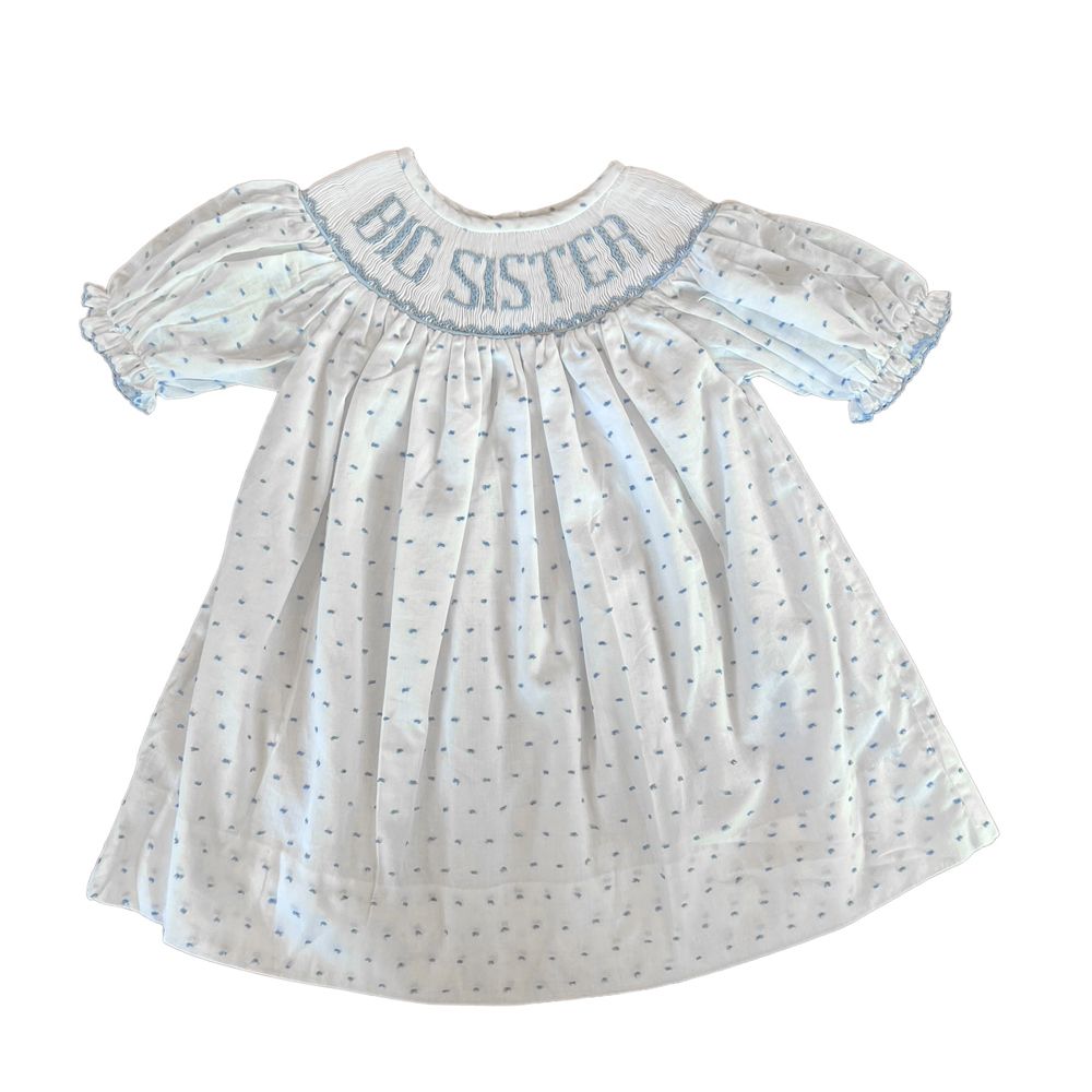 Big Sister Swiss Dot Smocked Bishop Dress: Light Blue