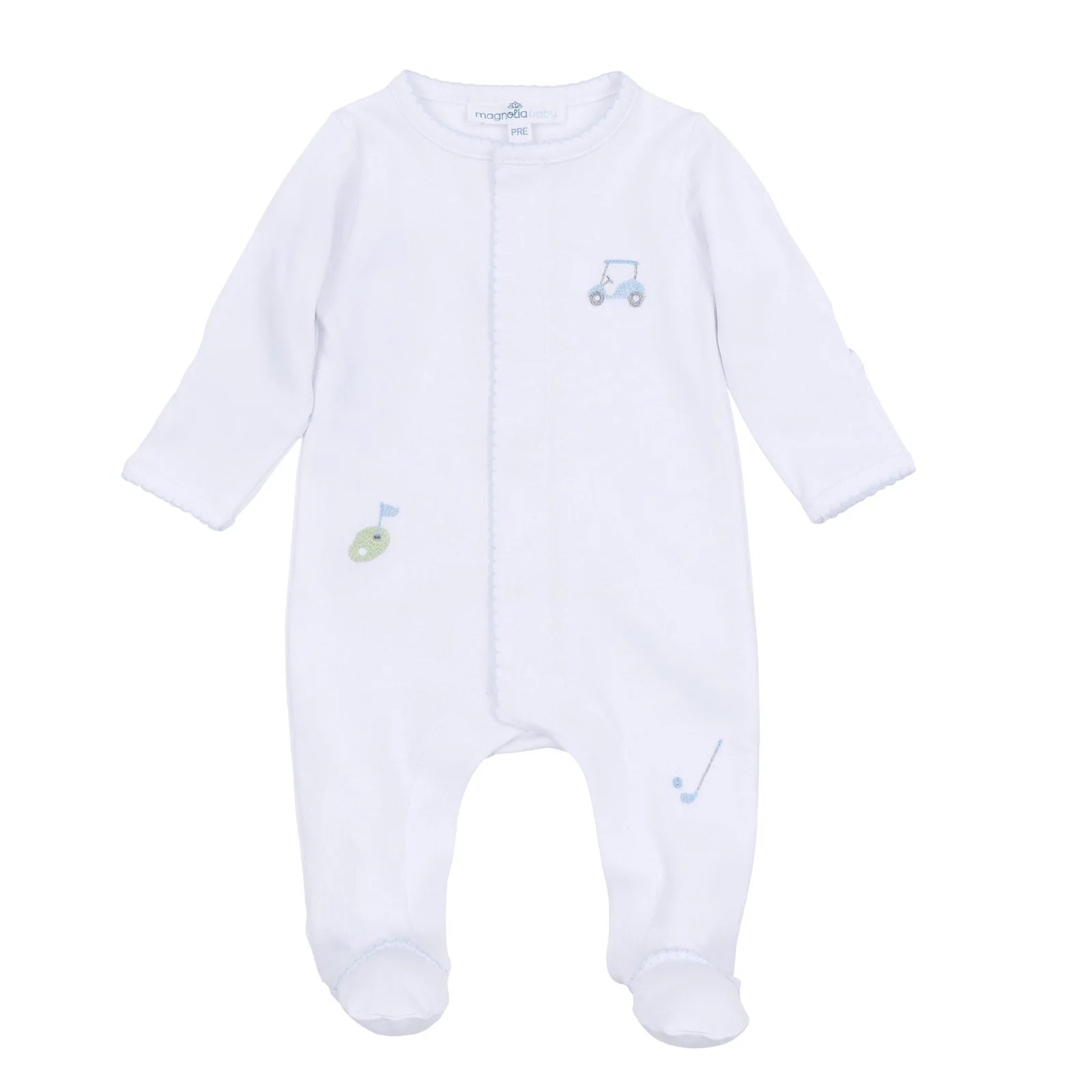 Tiny Tee Time Embroidered Footie: Light Blue