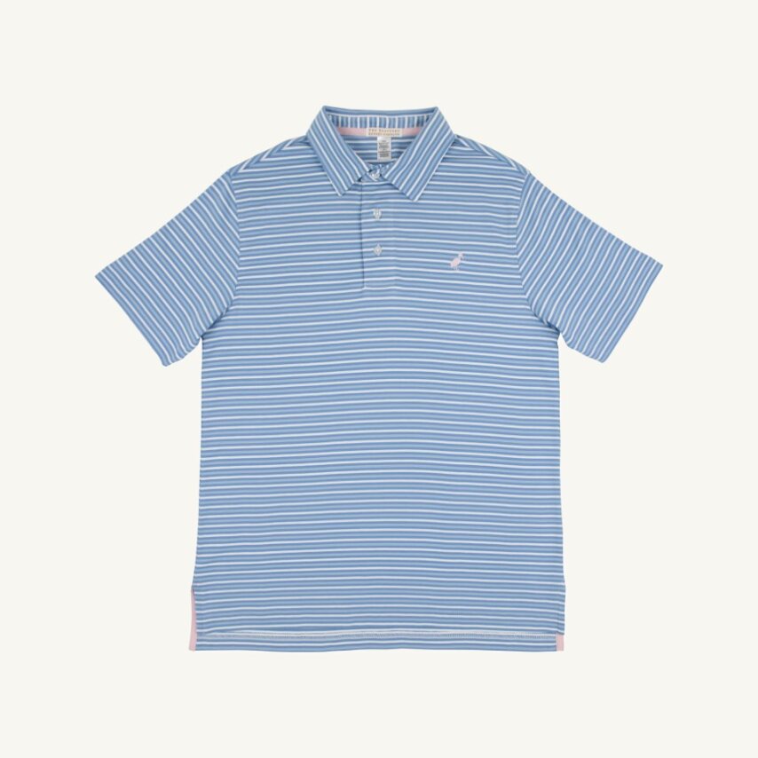 TBBC SS Prim & Proper Polo: Sumner County Stripe (Sunrise Blvd Blue)/Palm Beach Pink