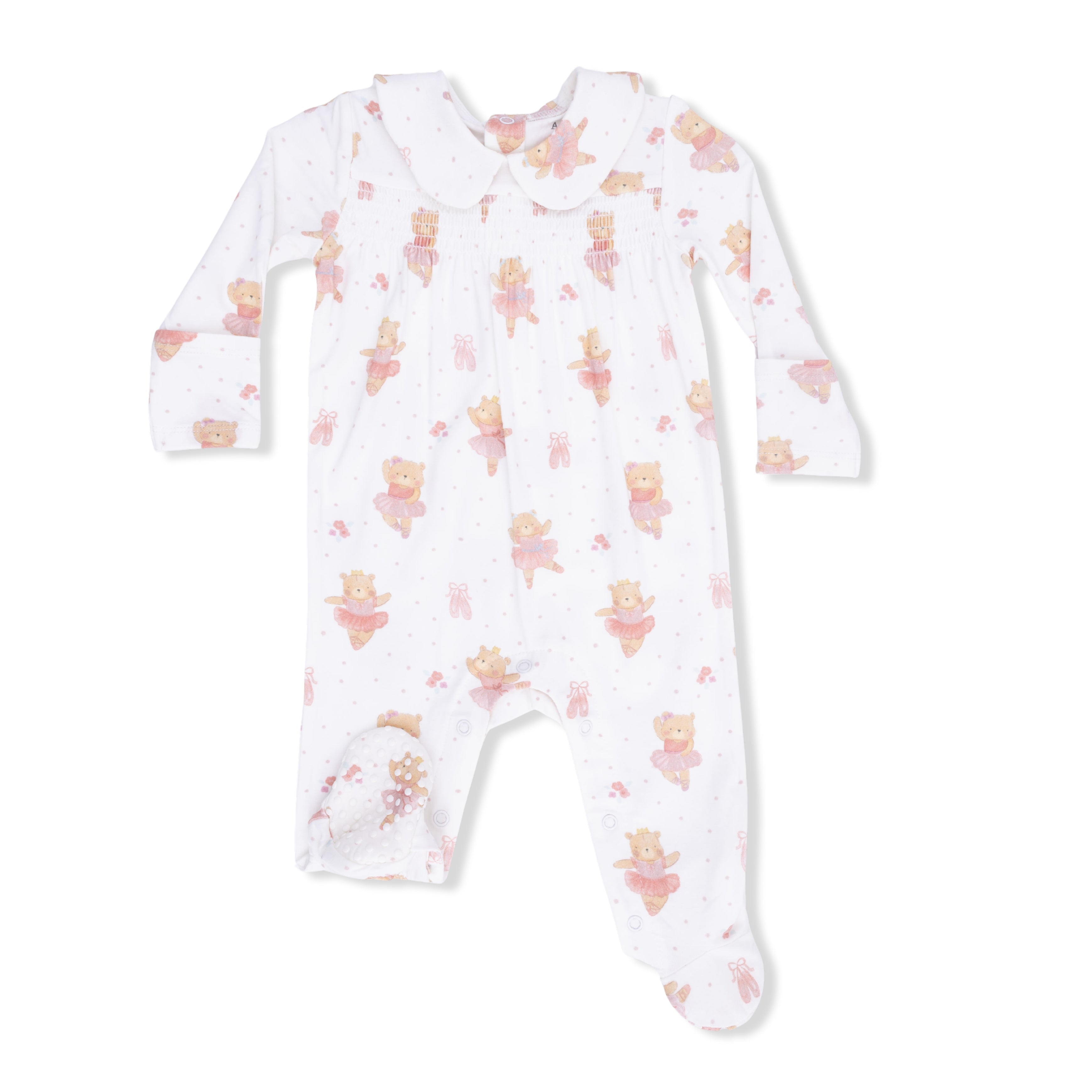 Teddy Bear Ballerina Smocked Peter Pan Snap Footie