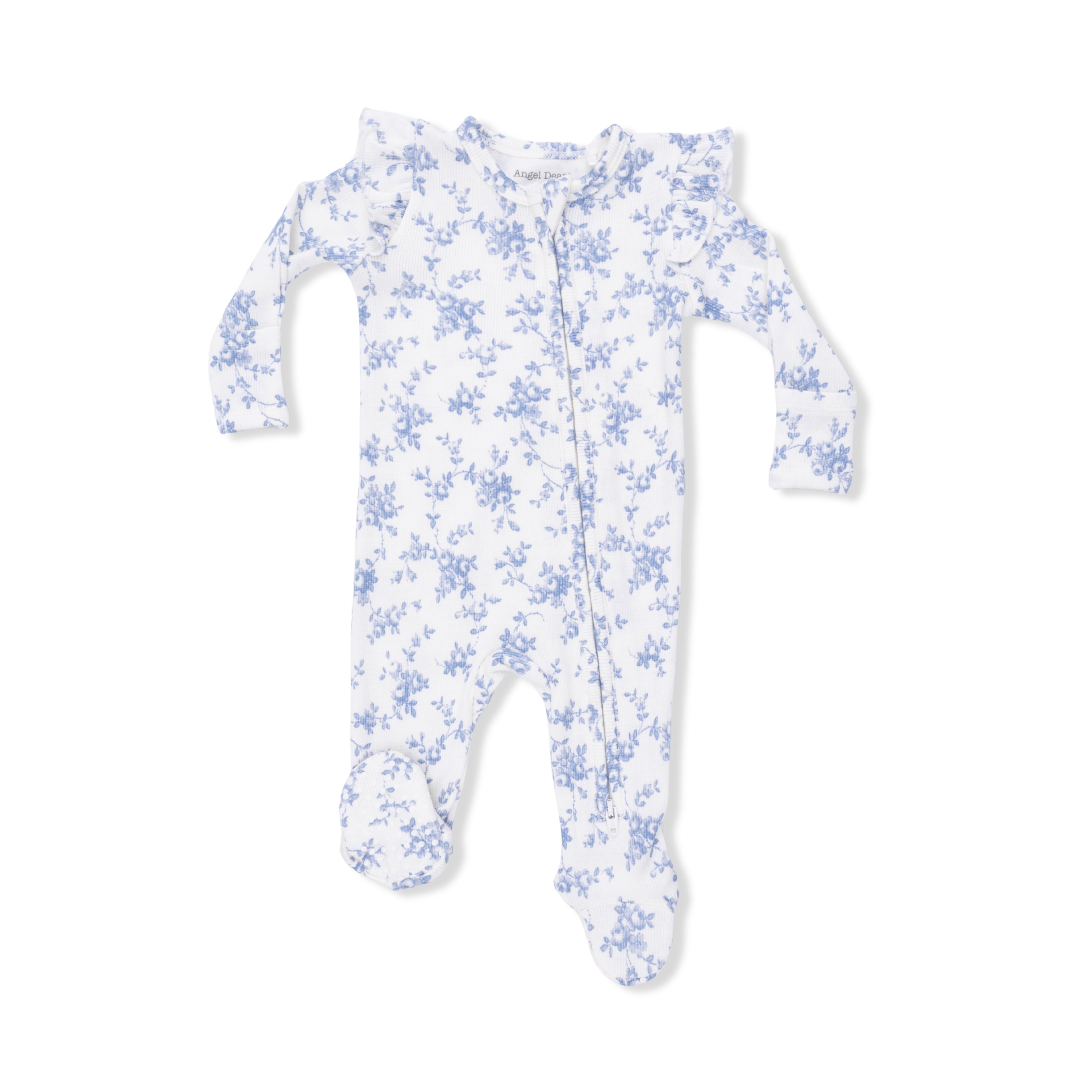 Baby Blue Vines Floral 2 Way Ruffle Sleeve Zipper Footie