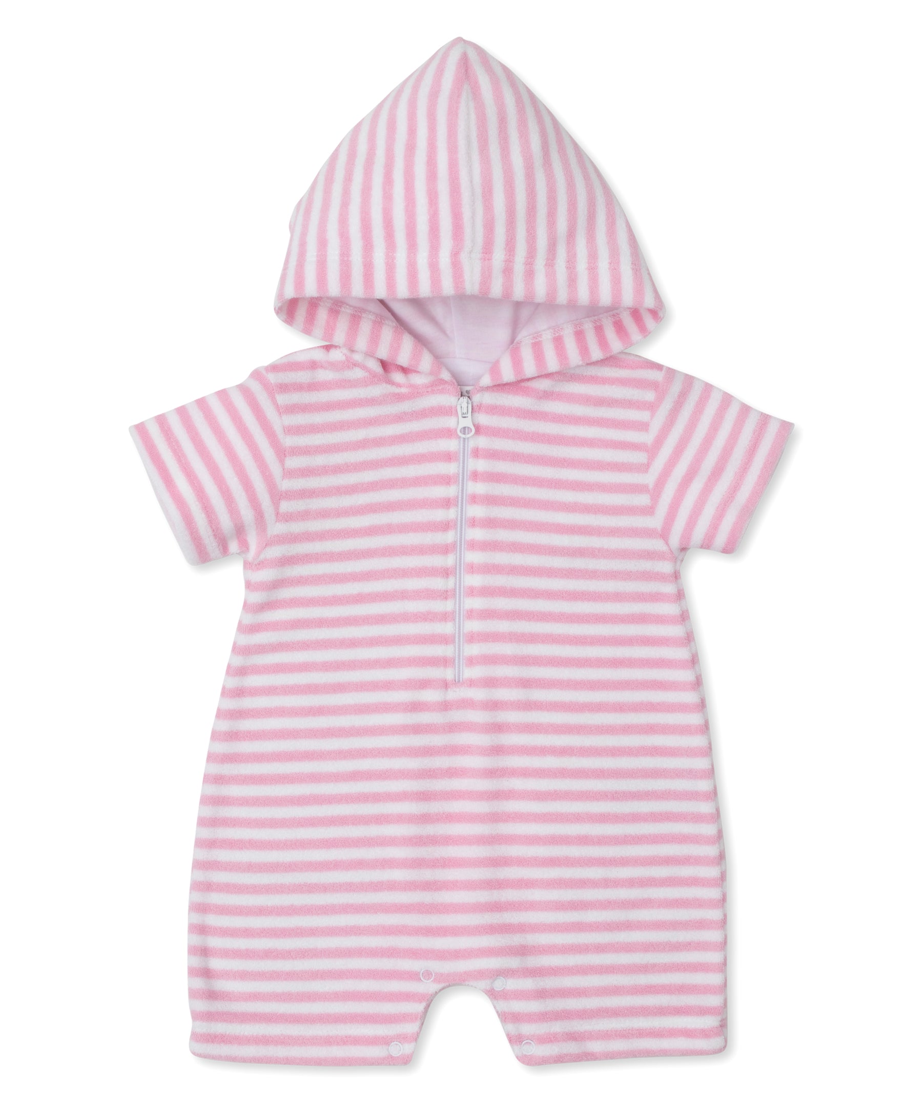 Cabana Terrycloth Hooded Romper: Light Pink Stripe