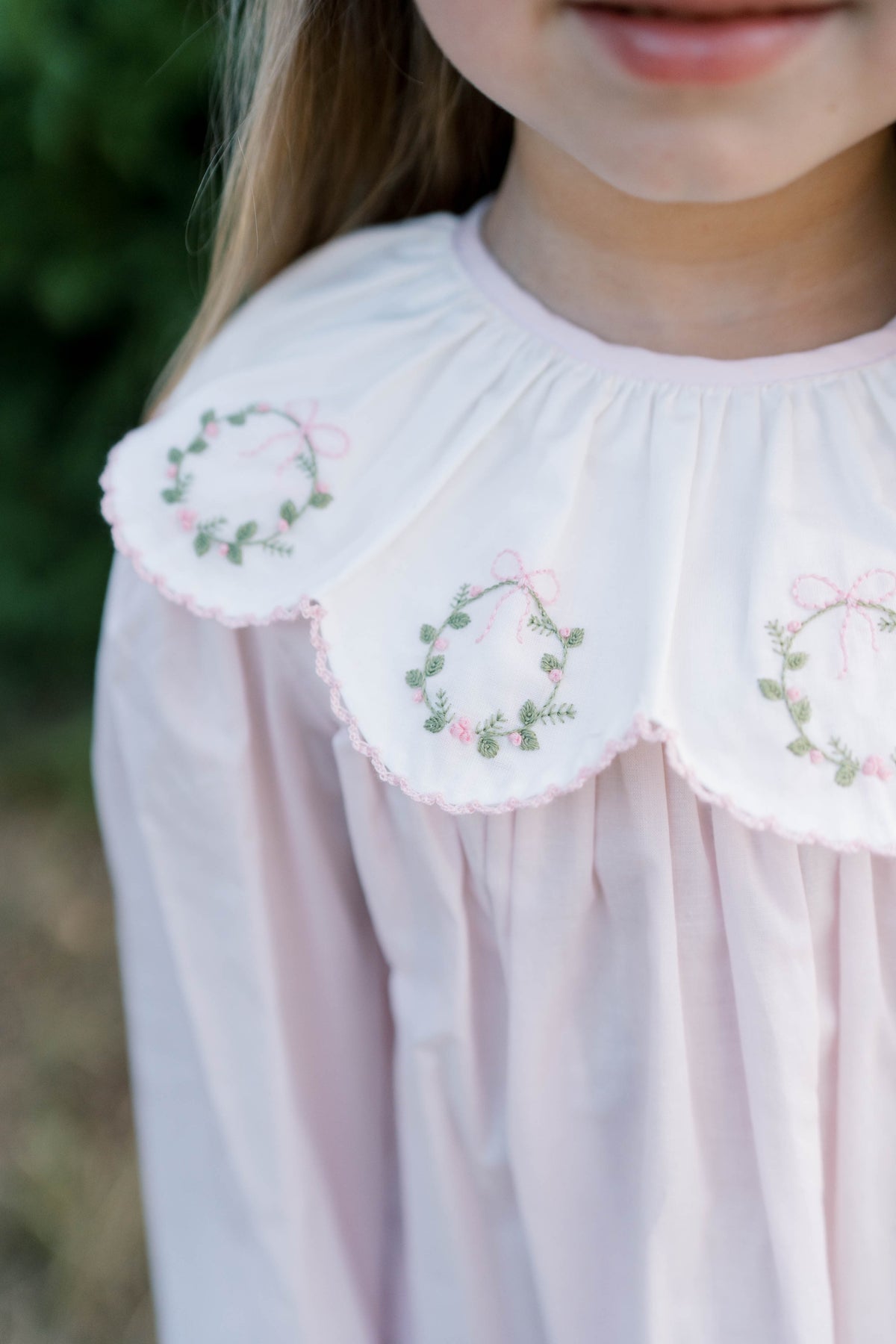 Chloe Dress: Blessings Pink Batiste with Wreath Embroidery