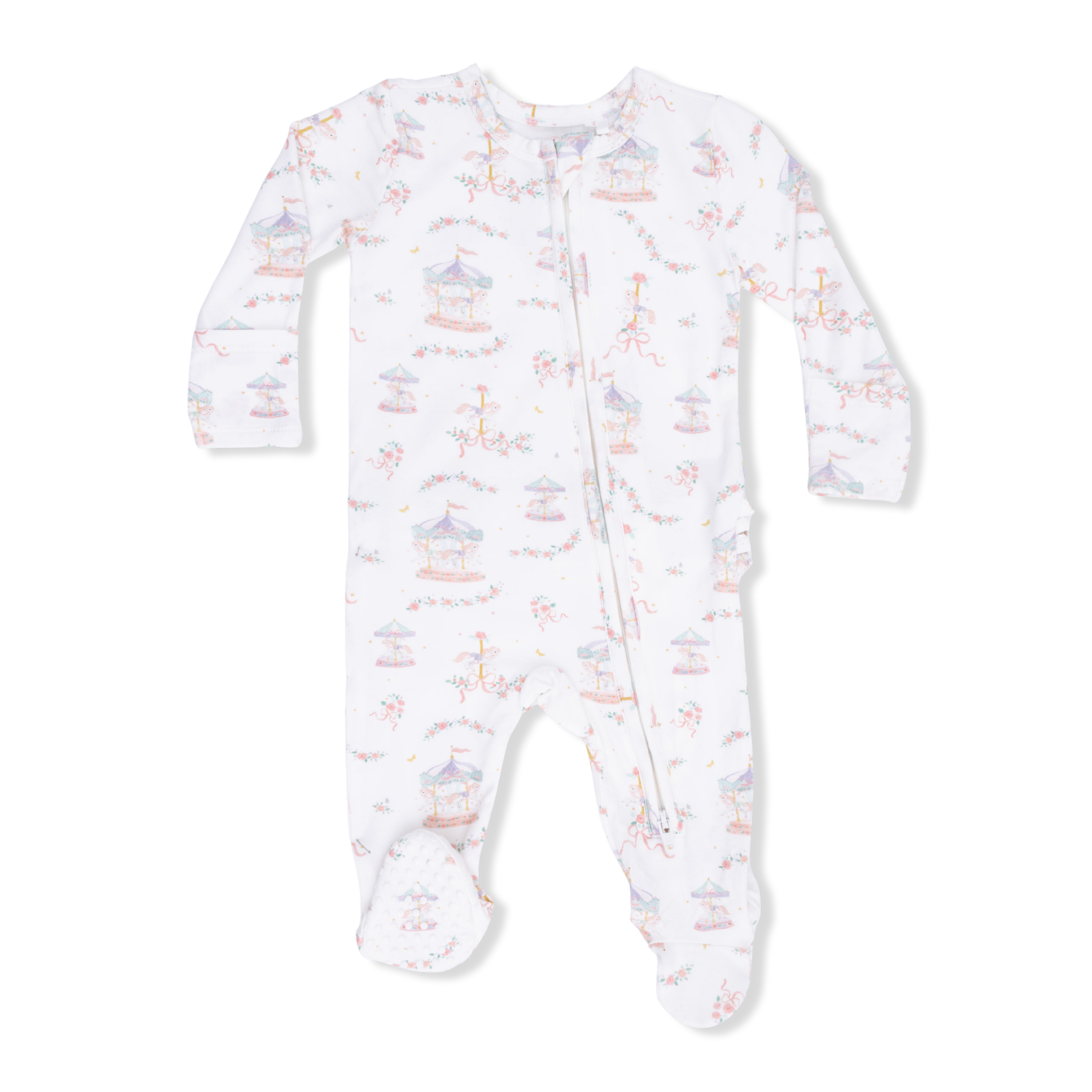 Carousel With Bows 2 Way Ruffle Back Zipper Footie