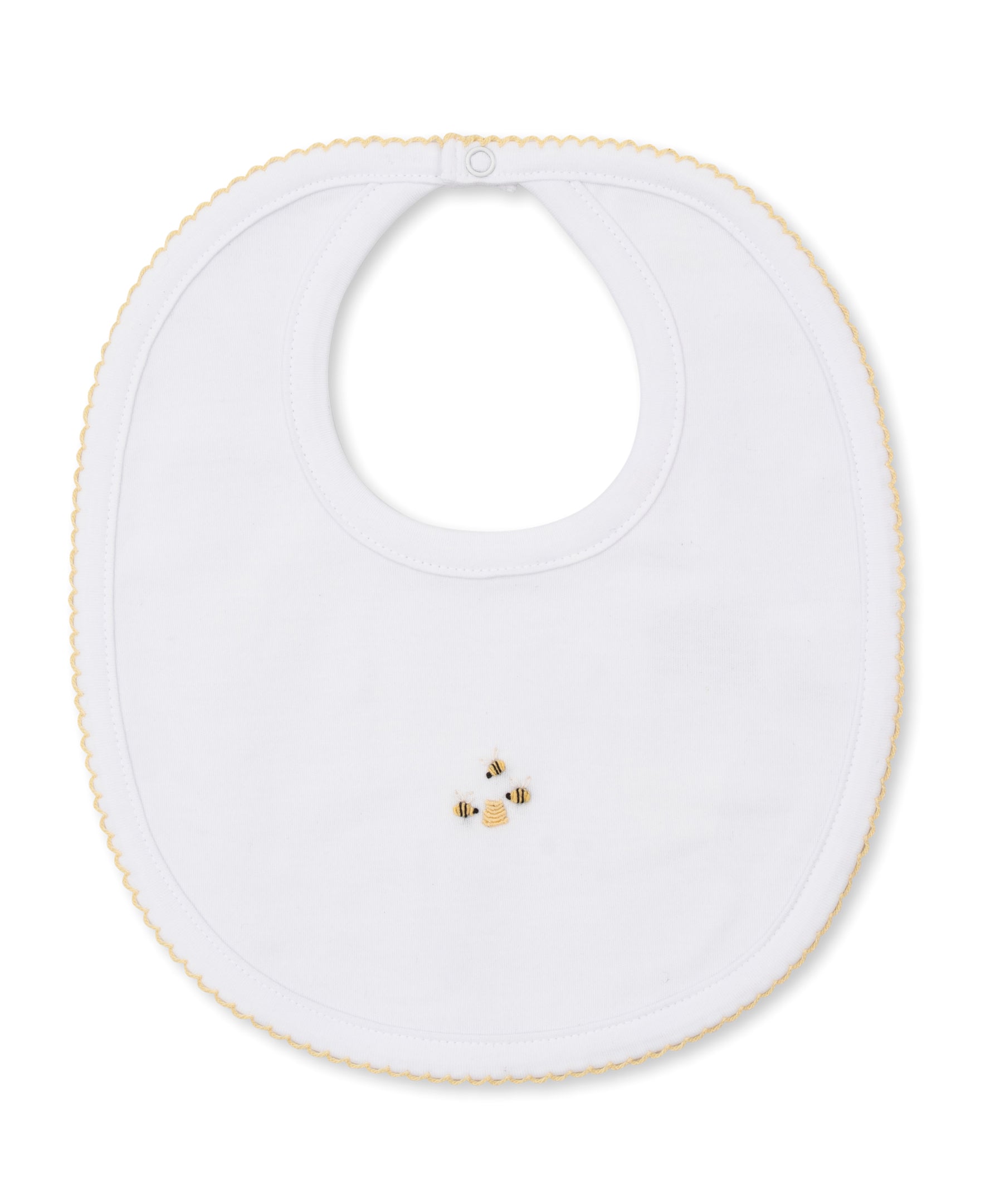 Beehive Hand Embroidered Bib: White with Yellow Trim