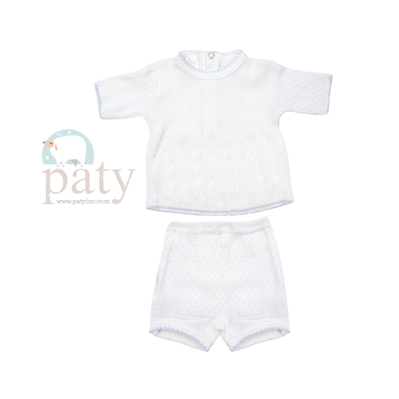 Paty 2-Piece Boxer Set: White with Blue Picot Trim