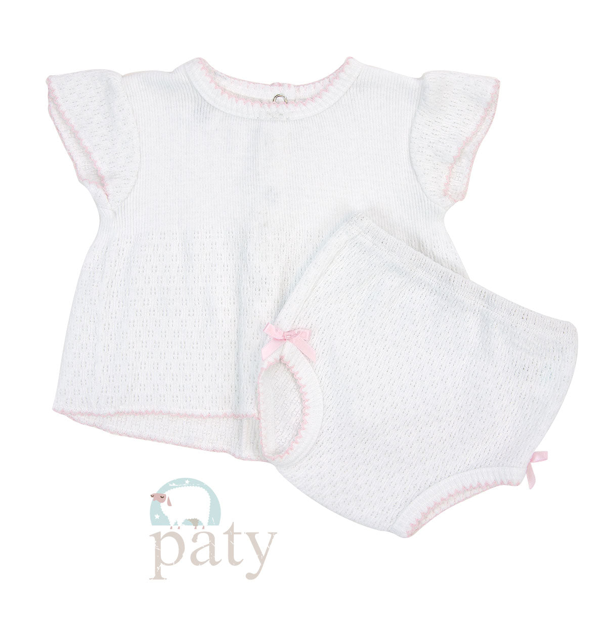 Paty 2-Piece Flutter Sleeve Diaper Set: White with Pink Picot Trim