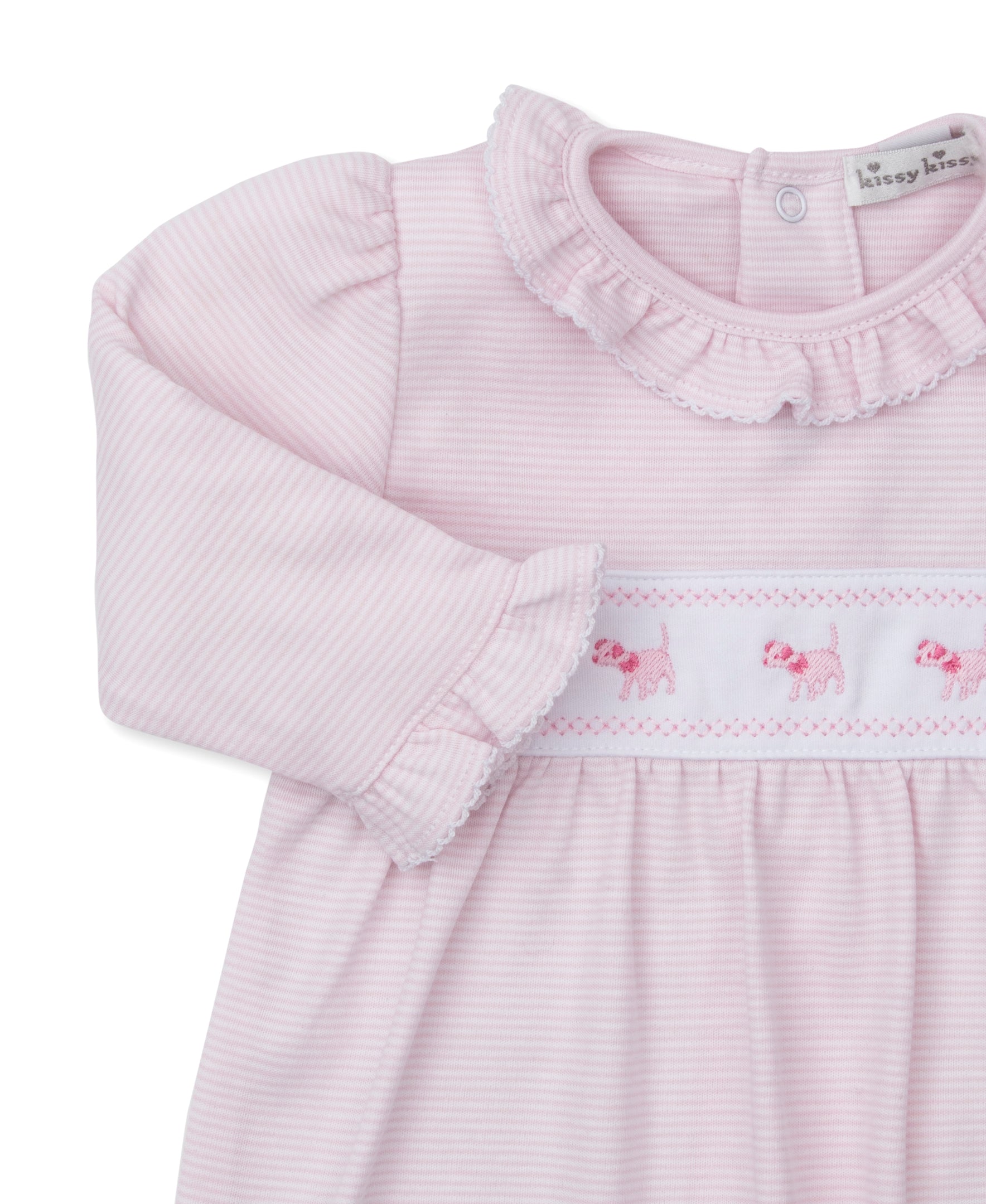 Classic Treasures FA25 Light Pink Stripe Collared Playsuit with Puppy Embroidery