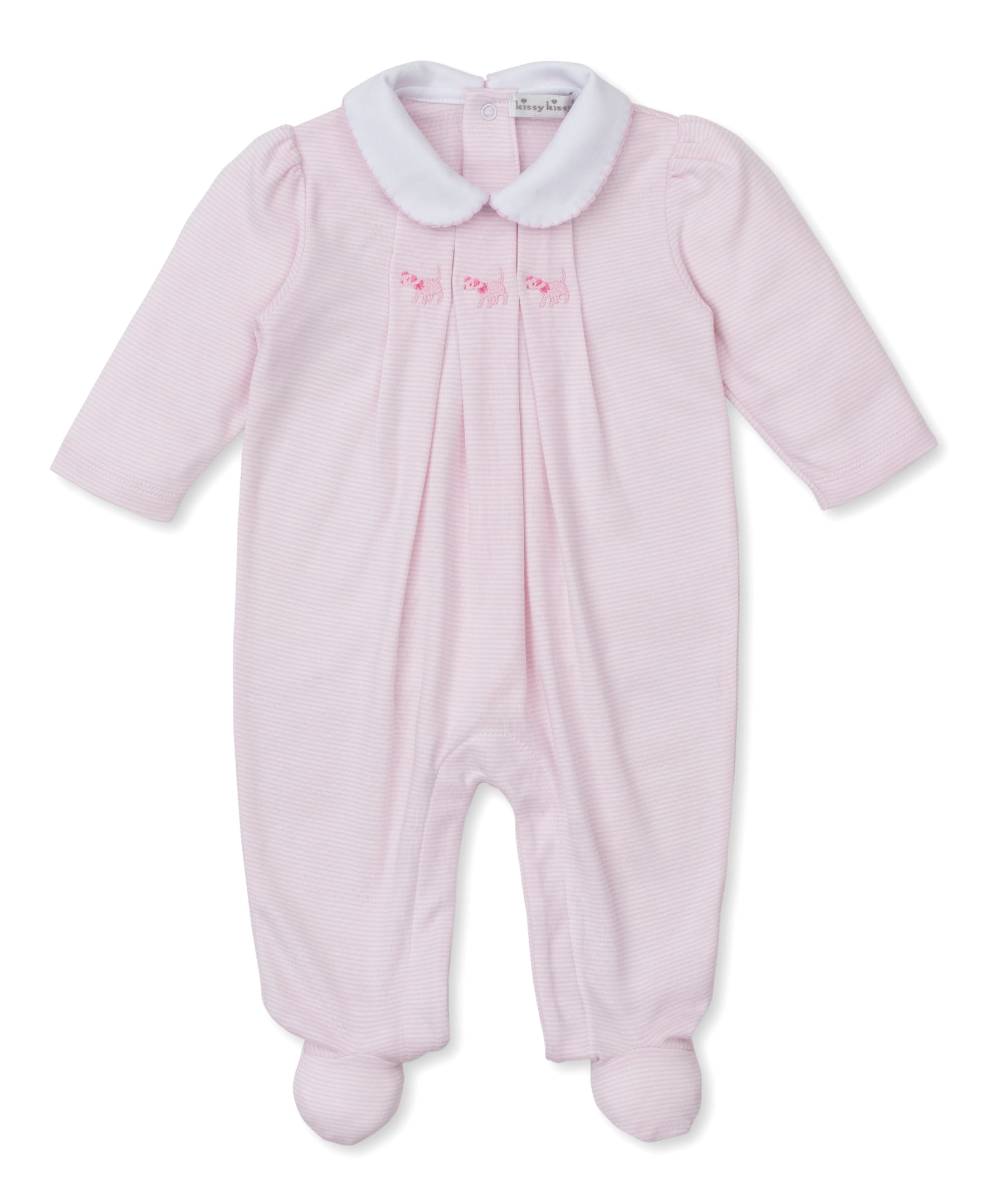 Classic Treasures FA25 Light Pink Stripe Collared Footie with Puppy Embroidery