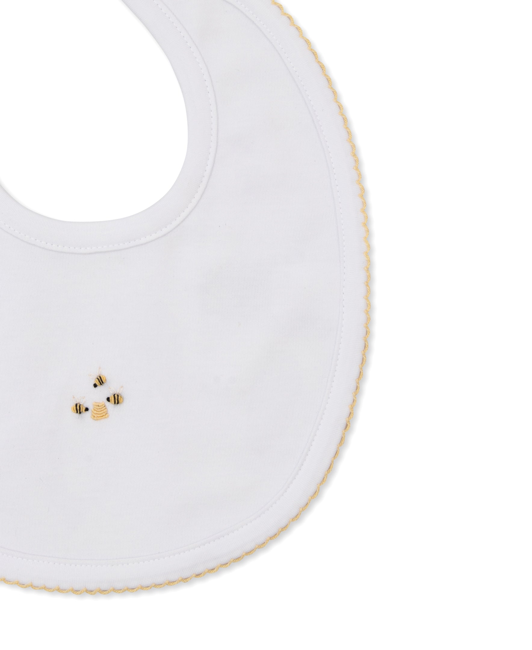 Beehive Hand Embroidered Bib: White with Yellow Trim
