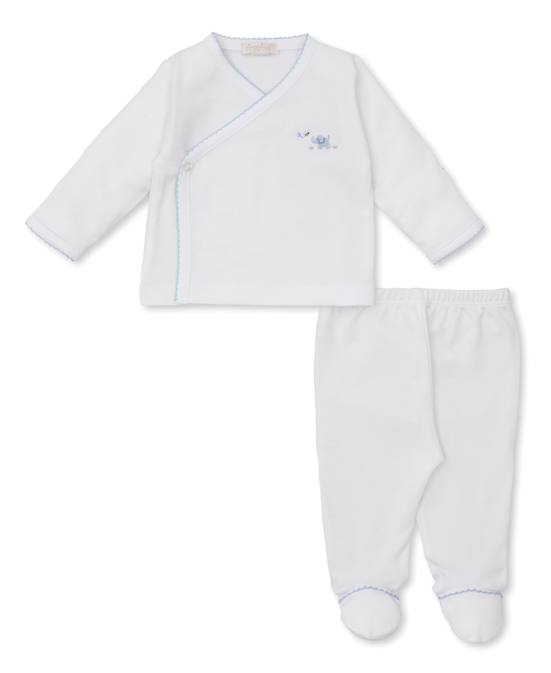 Premier Elephant Empire Embroidered Pima Footed Pant Set: White with Light Blue