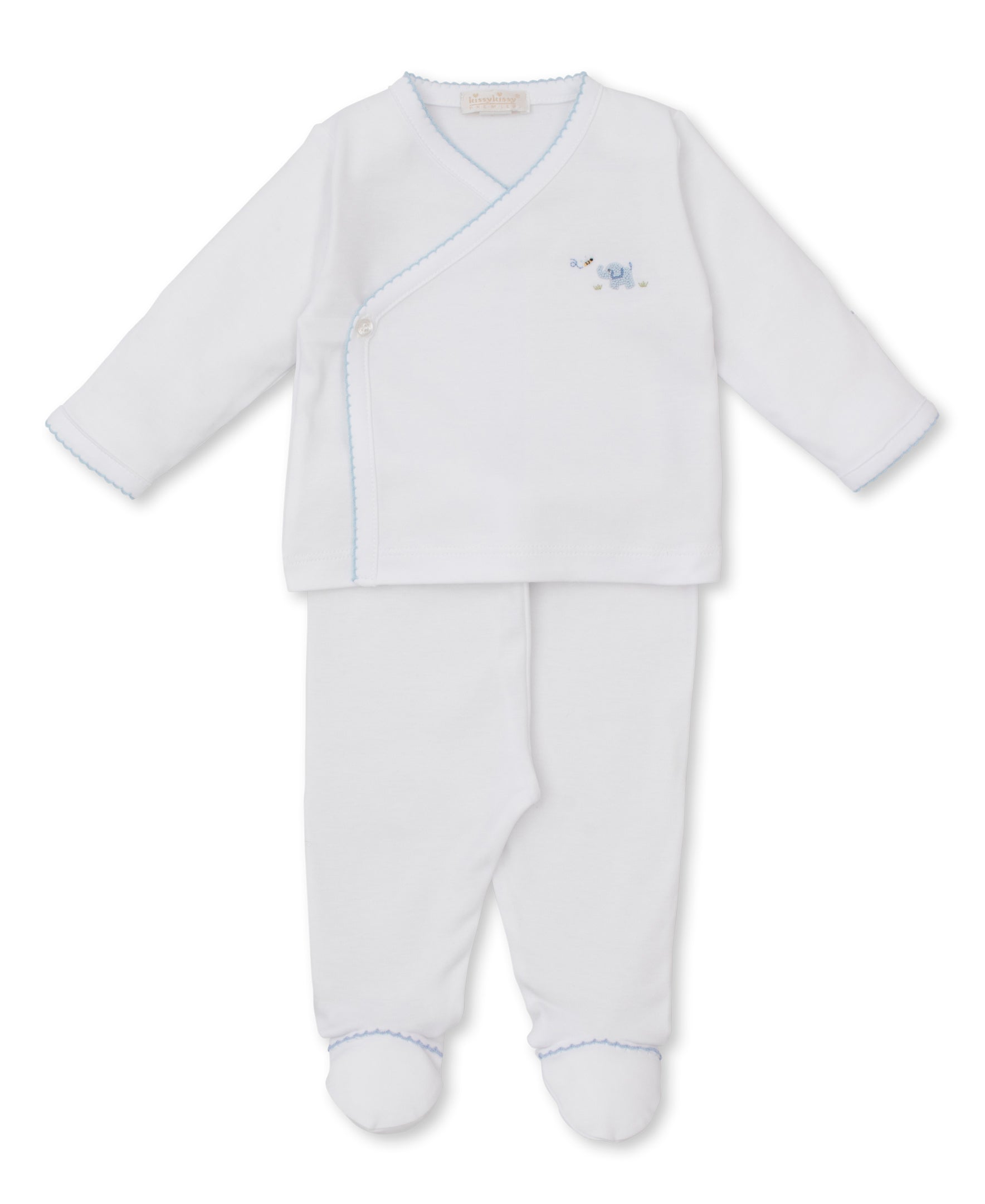Premier Elephant Empire Embroidered Pima Footed Pant Set: White with Light Blue