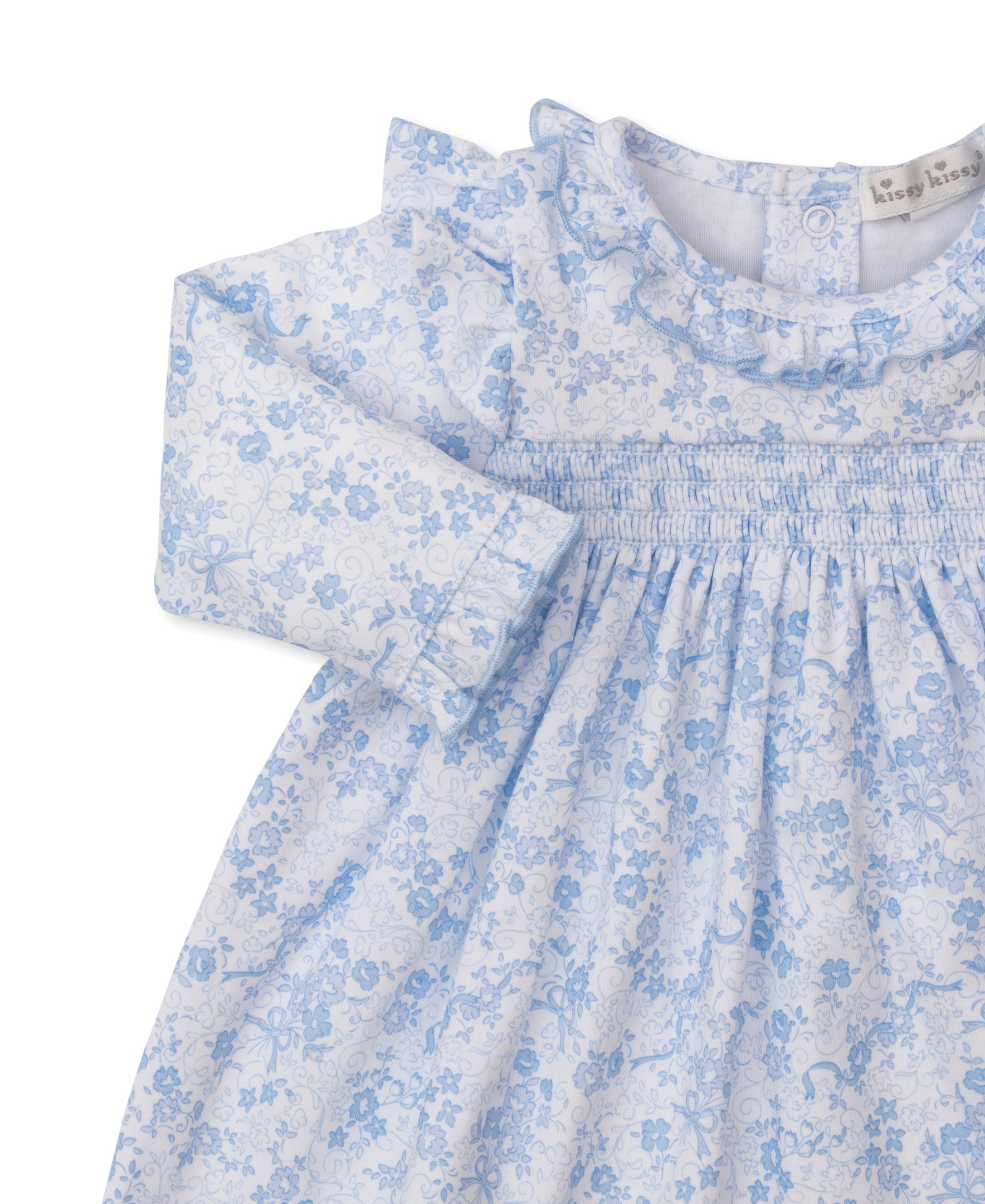 Old English Roses Smocked Dress with Bloomers: Light Blue