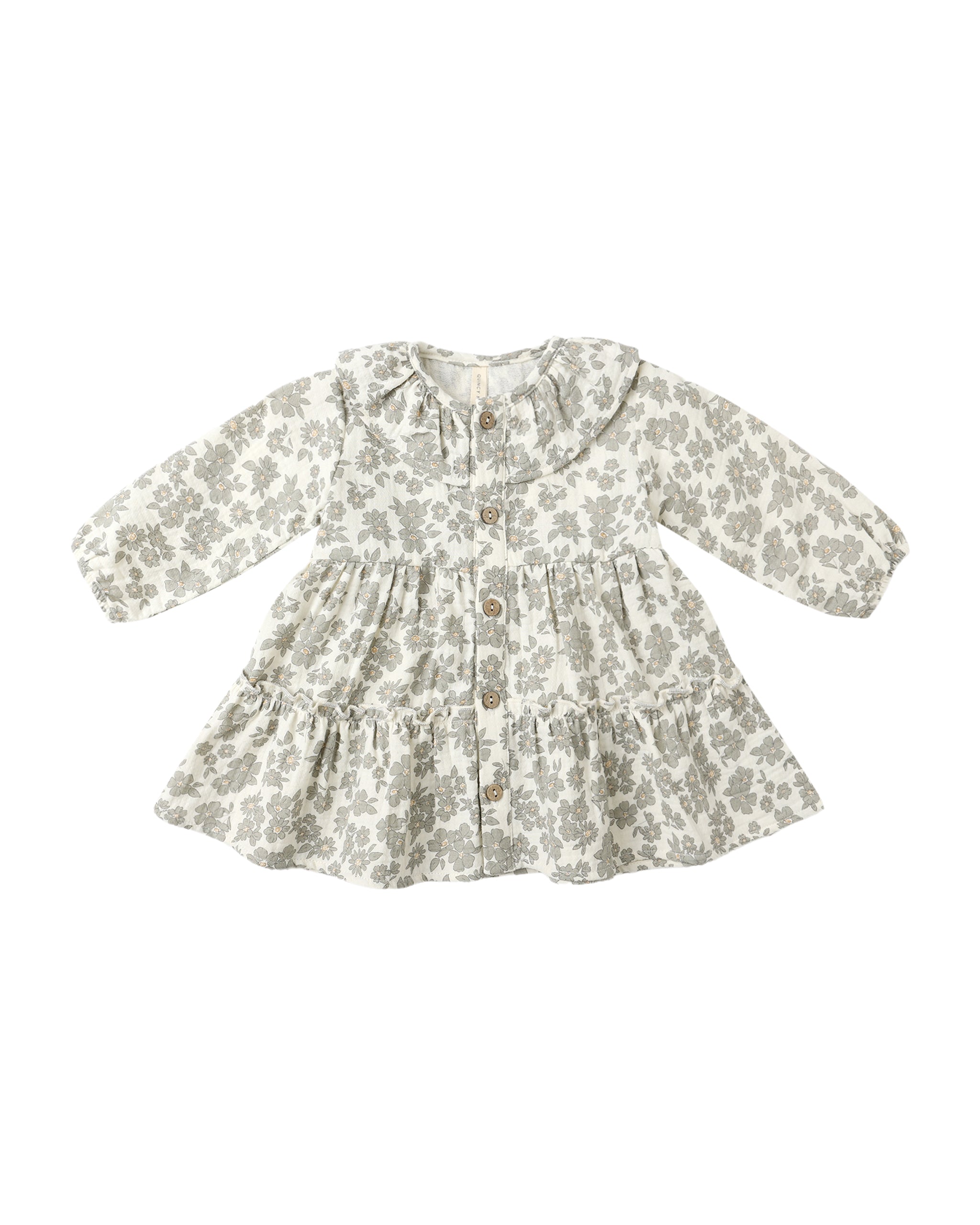 Ruffle Collar Button Dress: Green Floral