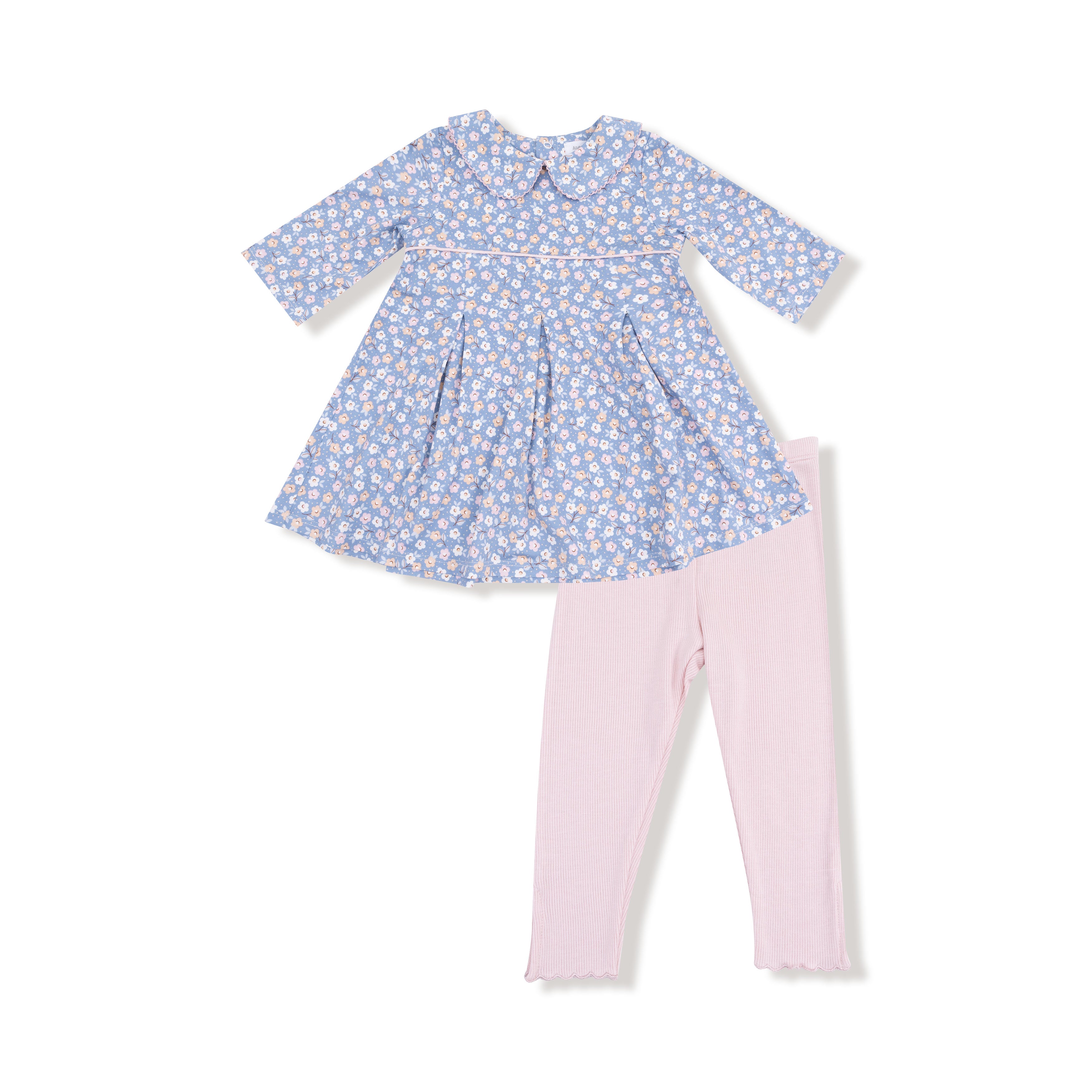 Country Calico Box Pleat Dress W/ 3/4 Sleeve + Peter Pan Collar & Rib Leggings
