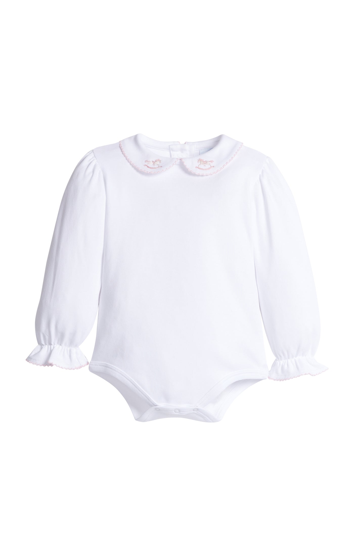Long Sleeve Pinpoint Onesie: Pink Rocking Horse